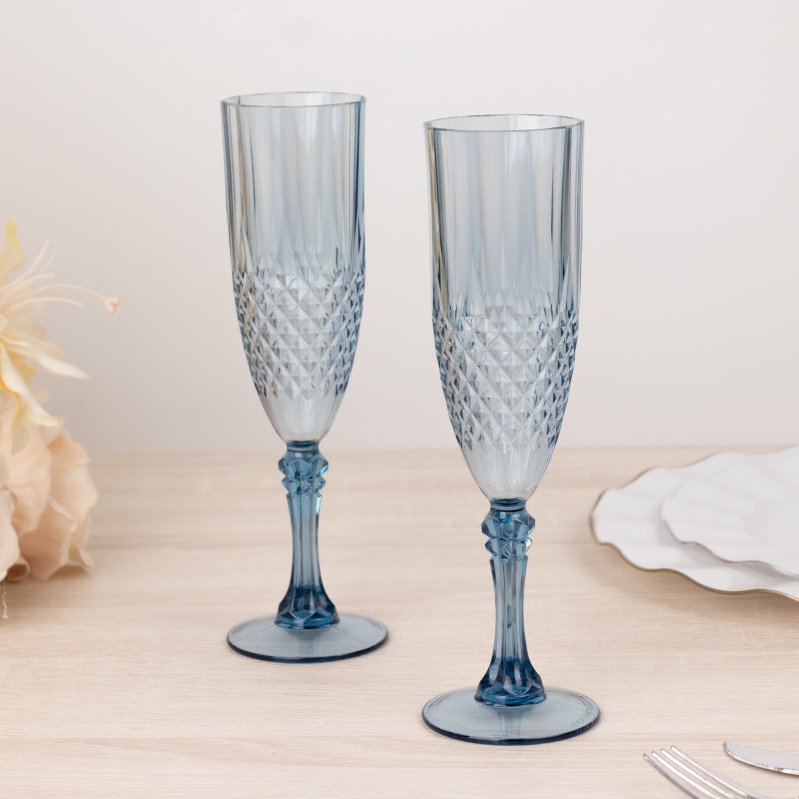 8oz Reusable Dusty Blue Plastic Wedding Toast Flutes with Crystal Cut Style - 6 Pack