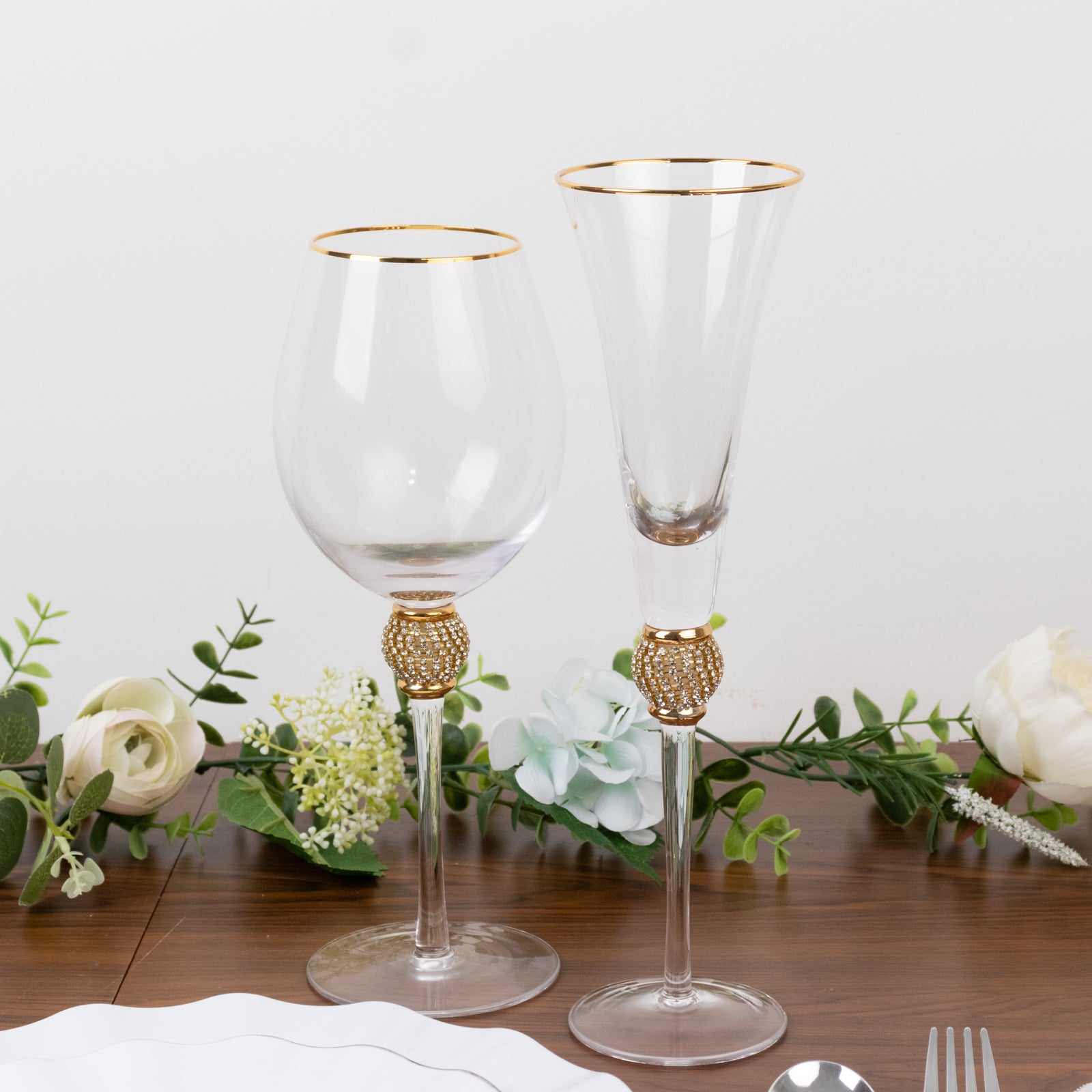 Hot Deal! 6-Pack Clear Champagne Flute Glasses with Gold Rim and Studded Rhinestones, 6oz 11"