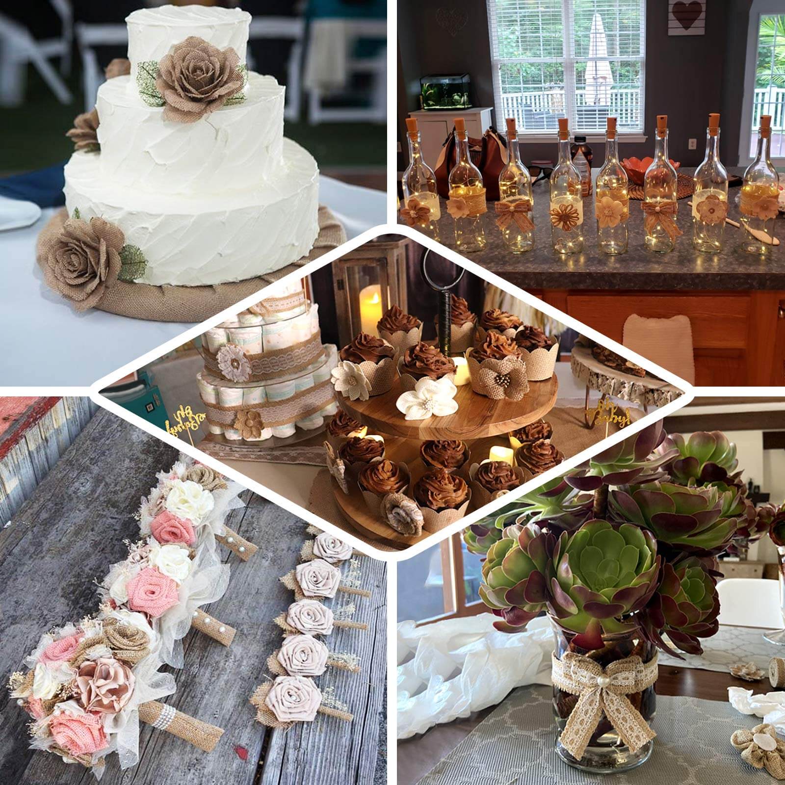 24 Pcs Natural Burlap Flower and Bow Set with Lace Ribbon, 8 Assorted Styles, 30 Sticker Dots Included