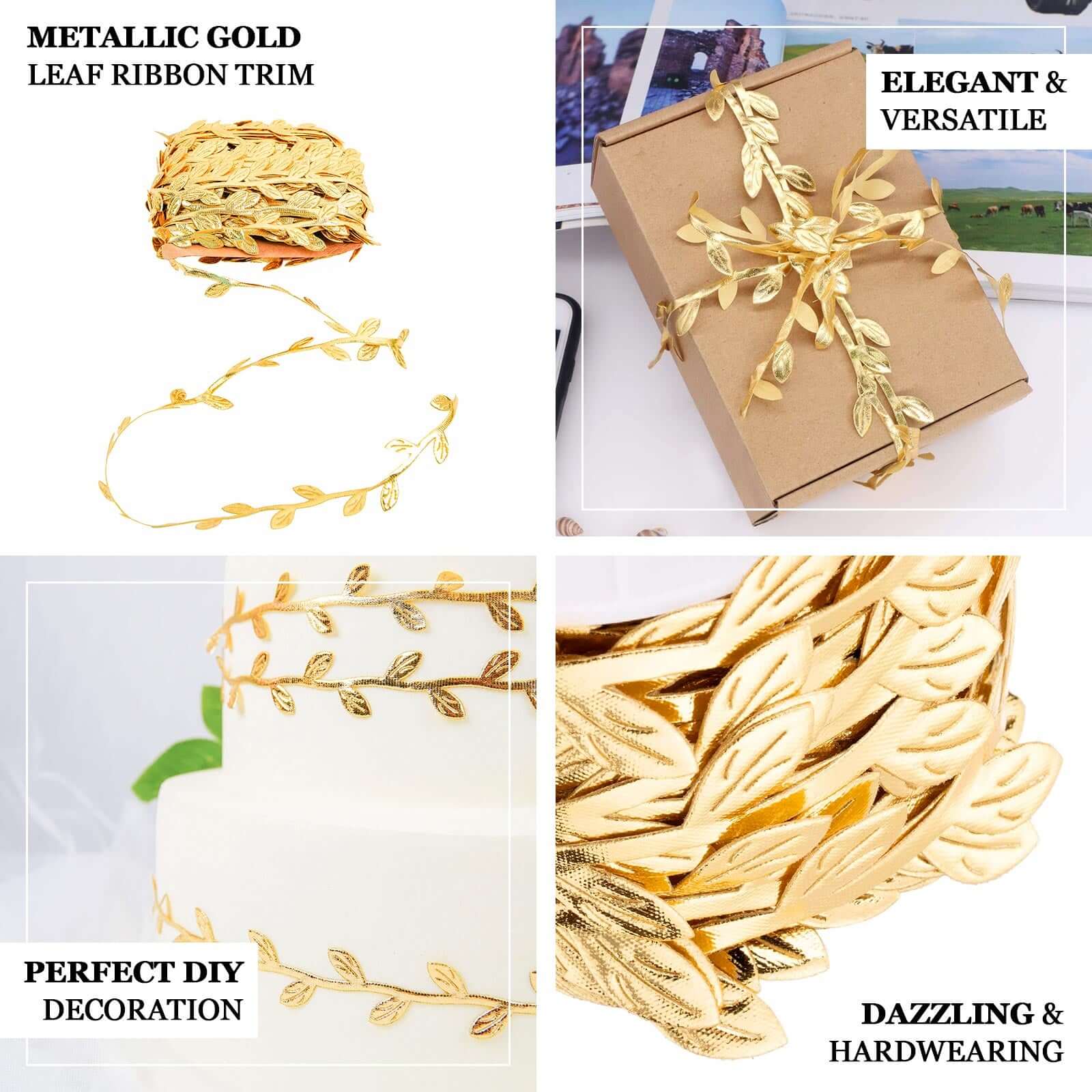 67ft Gold Olive Leaf Artificial Ribbon Trim for DIY Party, Wedding, and Home Decor