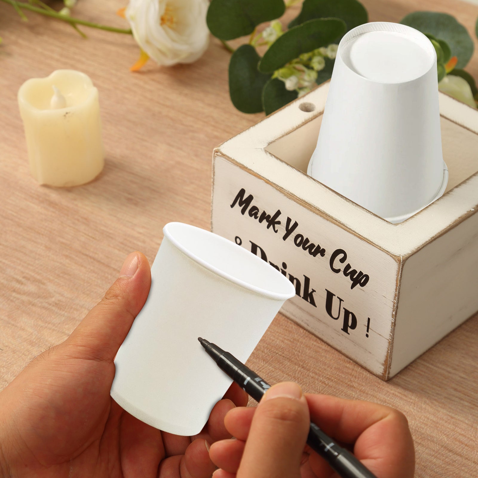 Whitewashed Rustic Wooden Solo Cup Holder with Black Marker for Farmhouse Parties, 5.5 inches