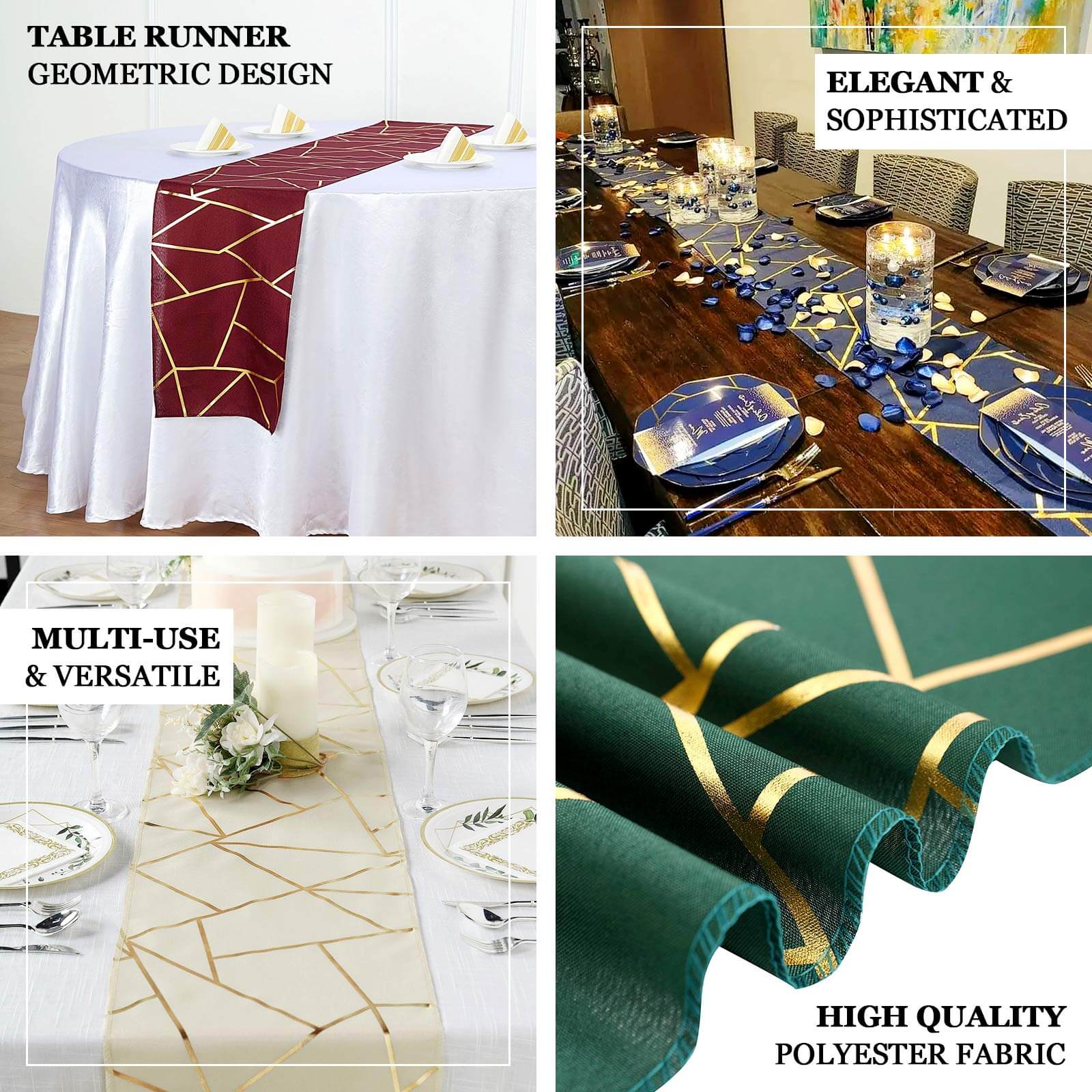 Hot Sale! 9ft Polyester Table Runner in Cinnamon Rose with Gold Foil Geometric Design