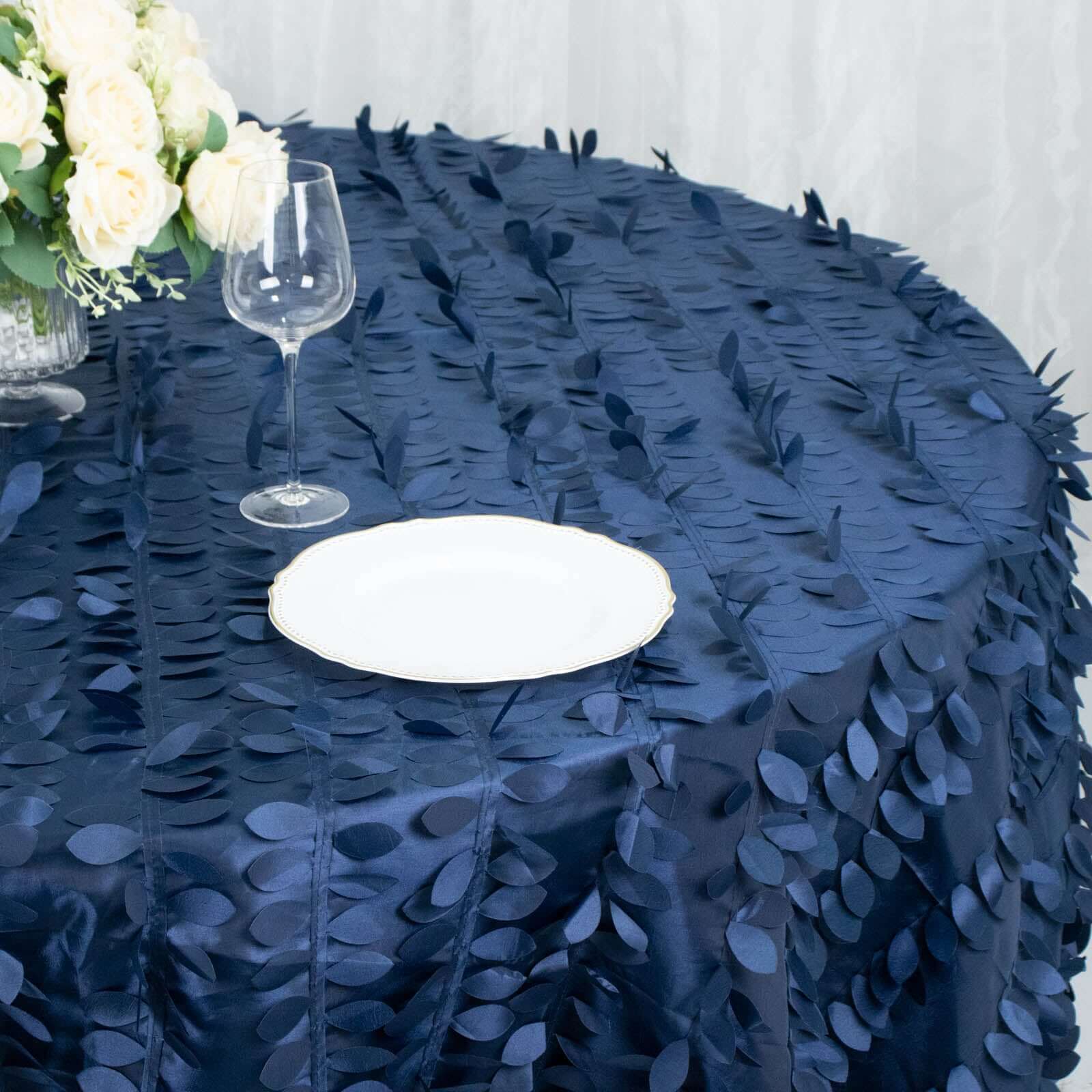 Hot Sale! Navy Blue Taffeta 132-Inch Round Tablecloth with 3D Leaf Petal Design