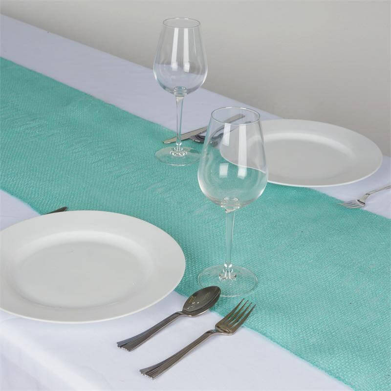 Turquoise 14x108 Burlap Jute Table Runner - Rustic Boho Style Tabletop Linen Decor