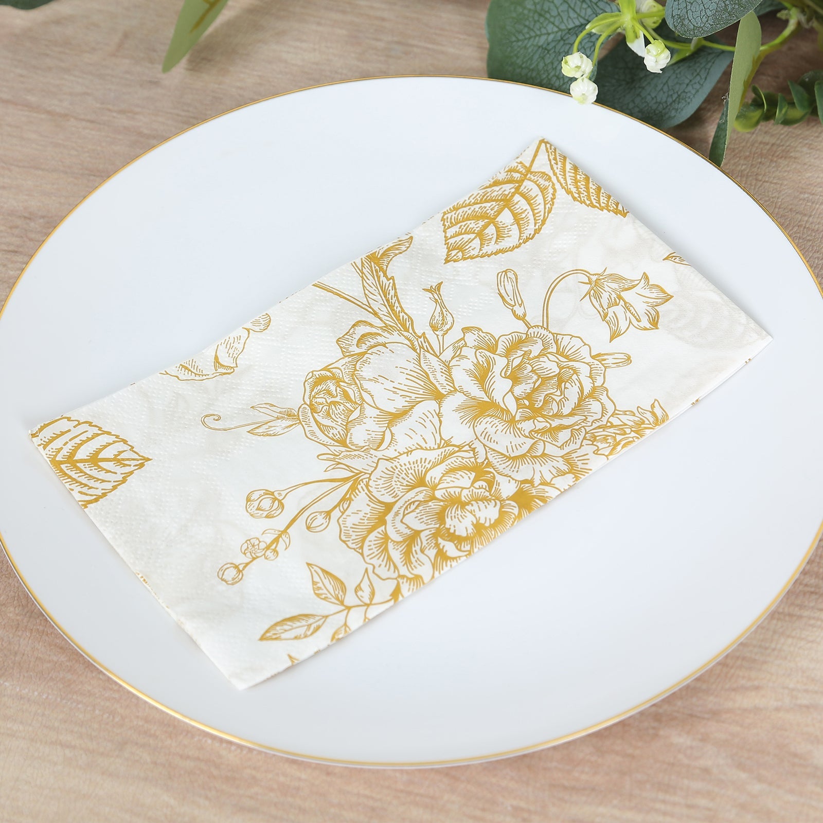 50-Piece 2-Ply White Paper Dinner Napkins with Gold French Toile Floral Design - Ideal for Events