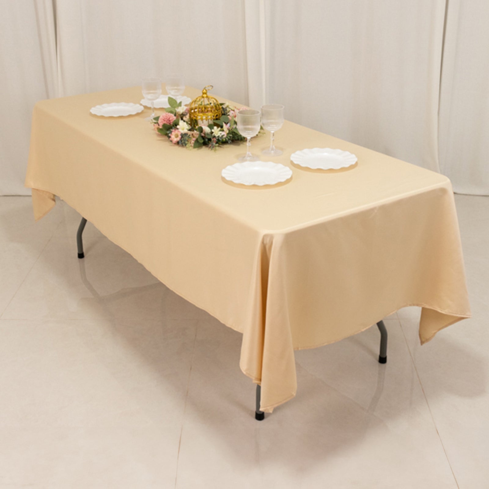 Beige Lamour Satin Rectangle Tablecloth - Durable & Silky Soft, Ideal for Events