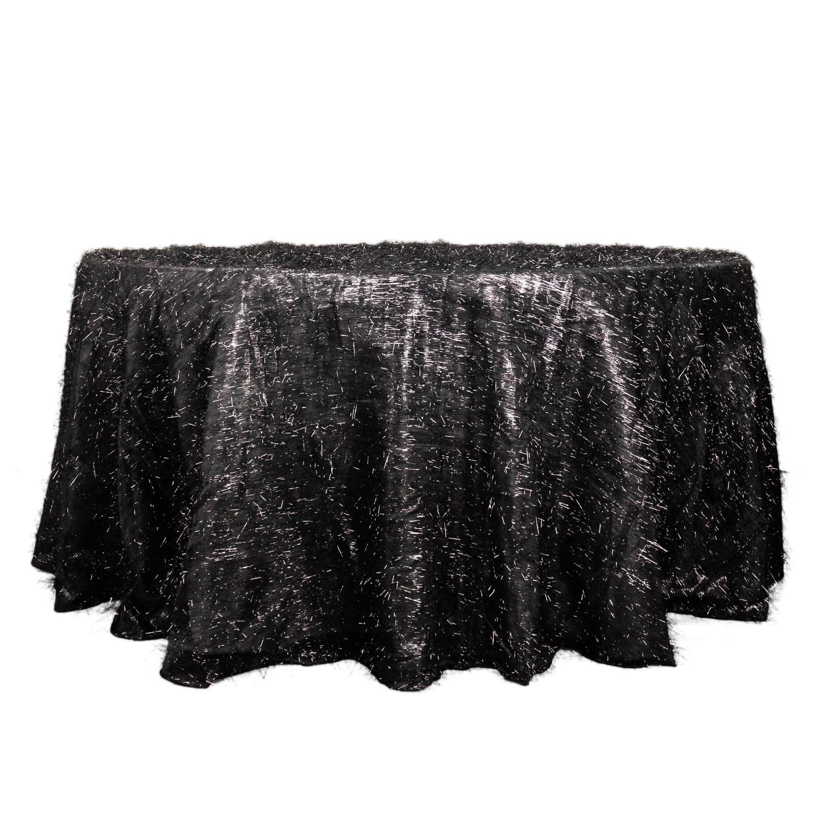 Exclusive Polyester 120-Inch Round Black Tablecloth with Metallic Fringe Shag Tinsel for Events
