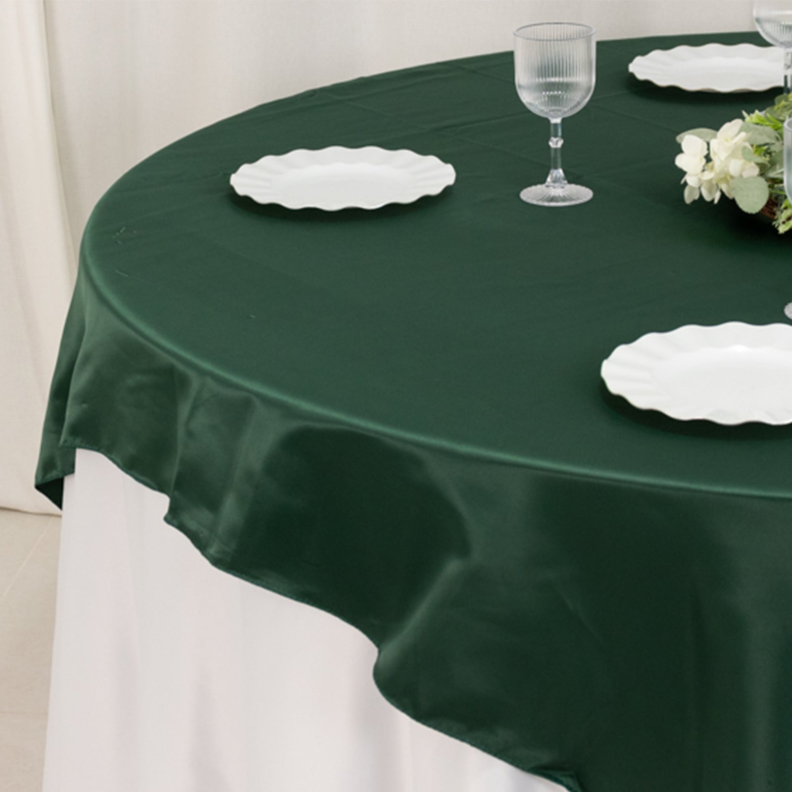 Hunter Emerald Green Lamour Satin Square Table Overlay - 72x72, Smooth Finish Topper for Events