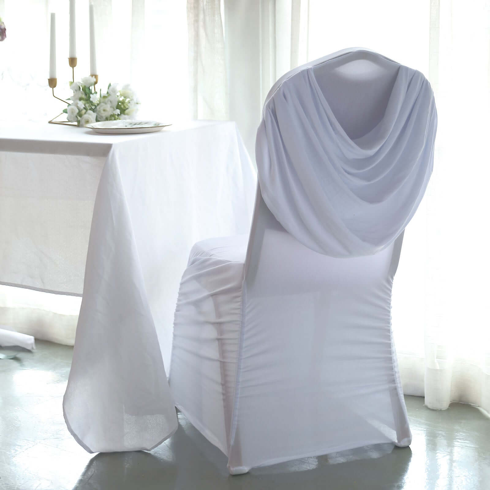Stylish White Spandex Banquet Chair Cover with Ruched Swag Back & Foot Pockets for Weddings