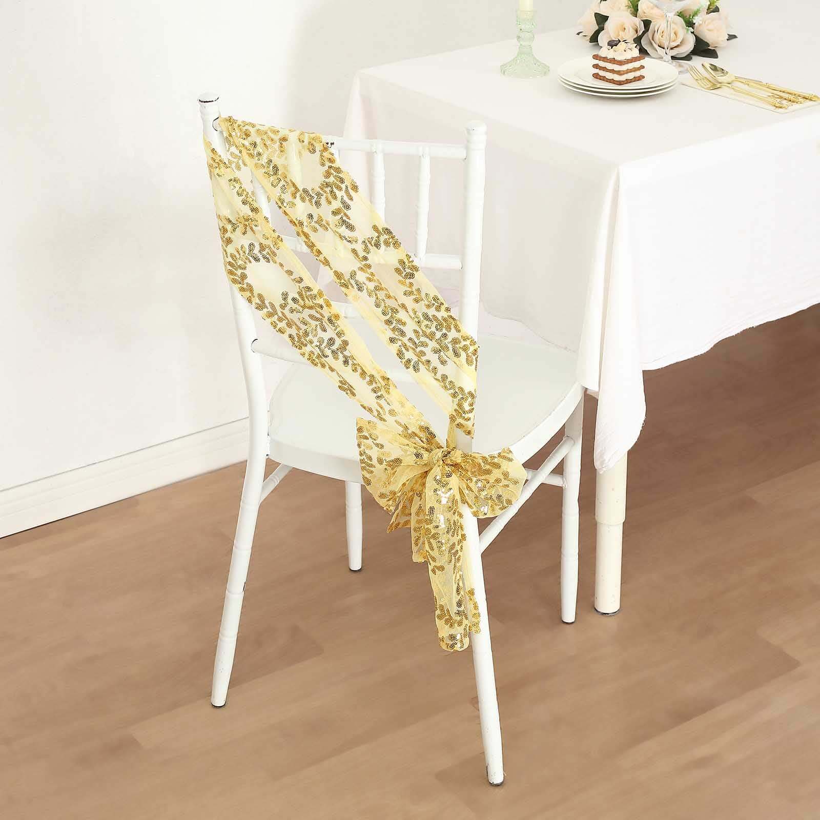 Set of 5 Gold Tulle Chair Sashes with Leaf Vine Embroidered Sequins, 6x88 - Ideal for Weddings