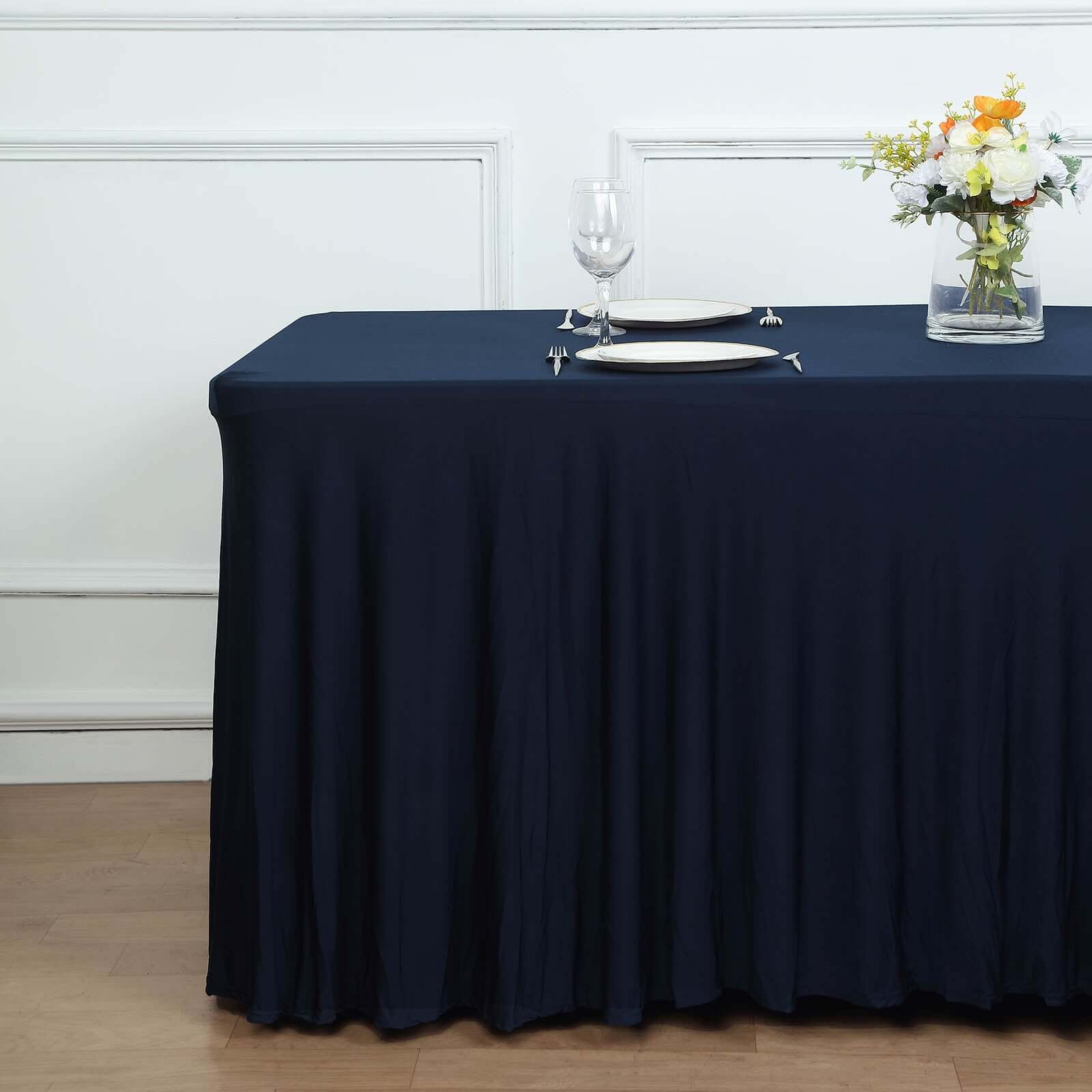 Hot Deal! Navy Blue Spandex Table Skirt with Wavy Effect for 6ft Tables