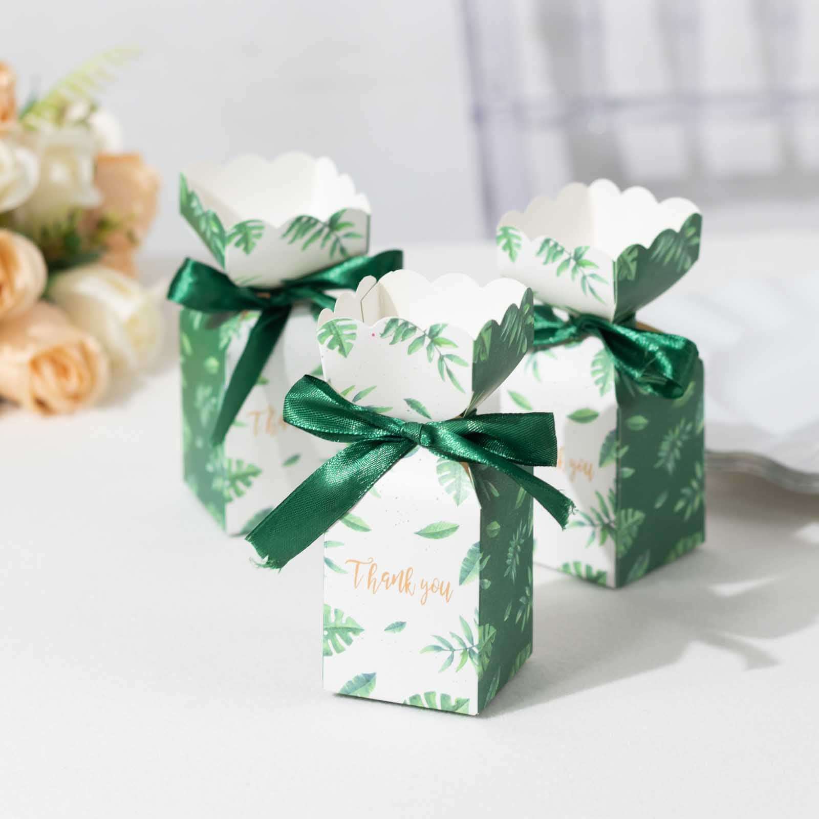 25-Pack Green Leaf Print Satin Ribbon Candy Gift Boxes - Perfect Party Favors