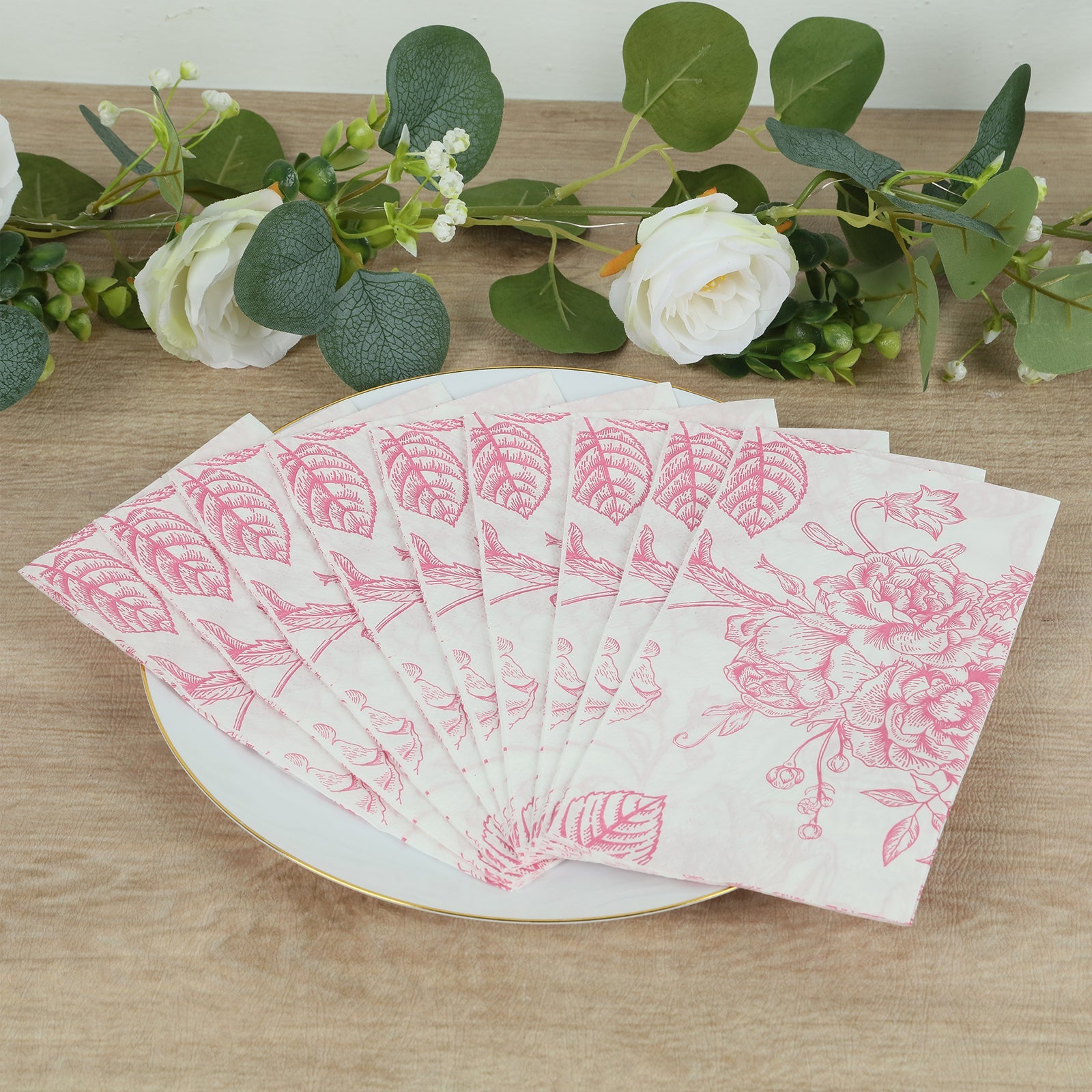 50 Pack Disposable 2-Ply French Toile Floral Pink & White Absorbent Party Napkins