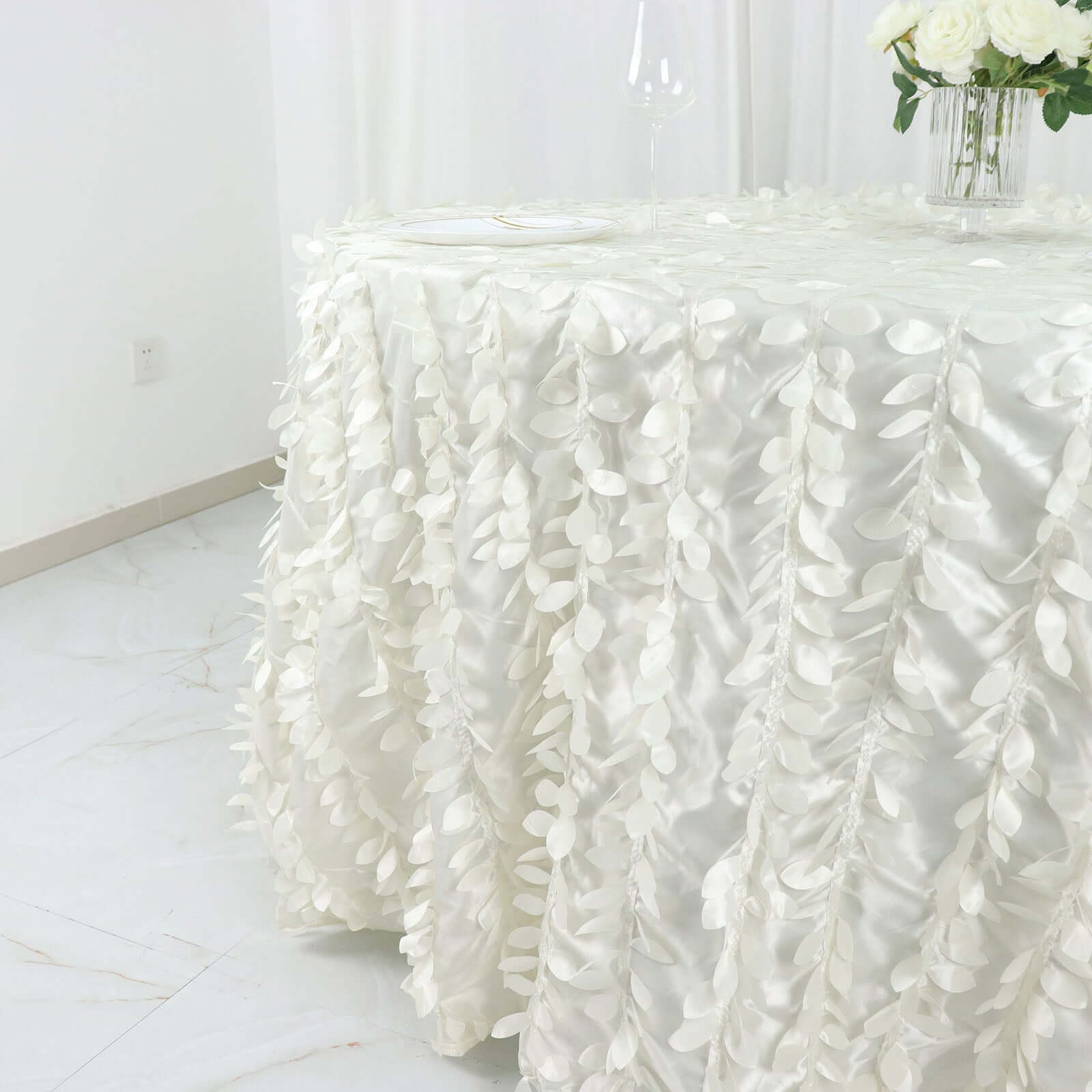 Ivory 132' Taffeta Round Tablecloth with Stunning 3D Leaf Petal Design
