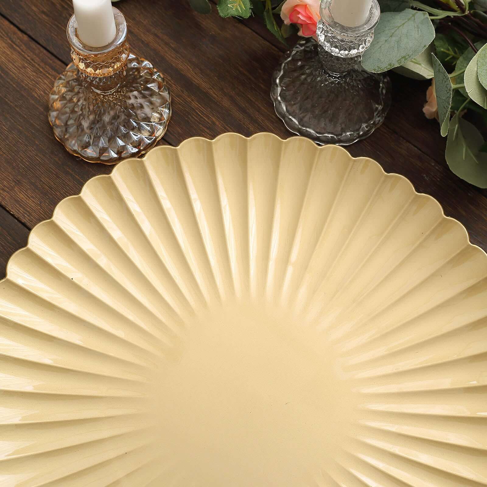 6-Pack Gold Plastic Round Charger Plates, 13 inches, Coastal Style with Scalloped Shell Pattern, Disposable Tableware