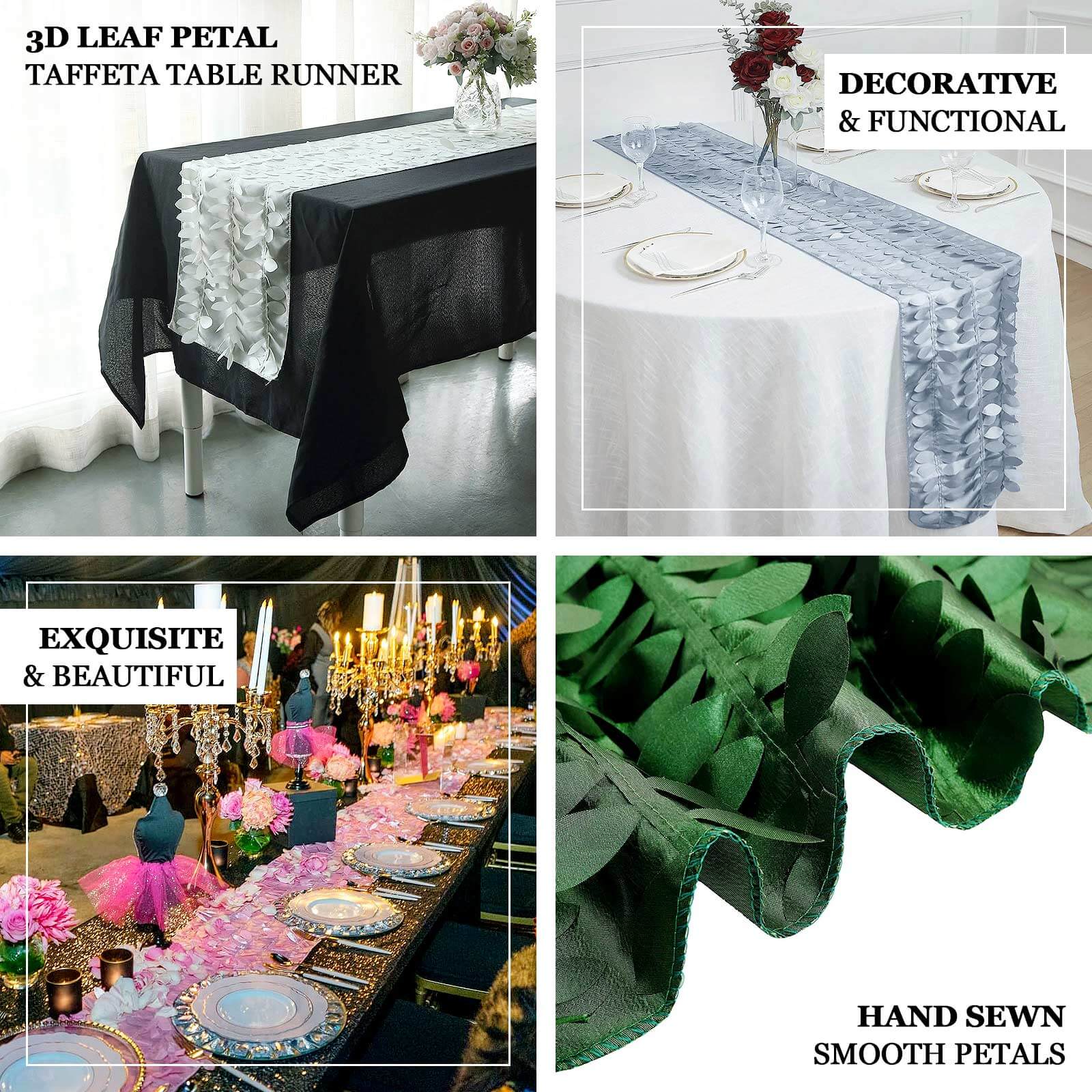 Exclusive Black Taffeta Table Runner with 3D Leaf Petal Design
