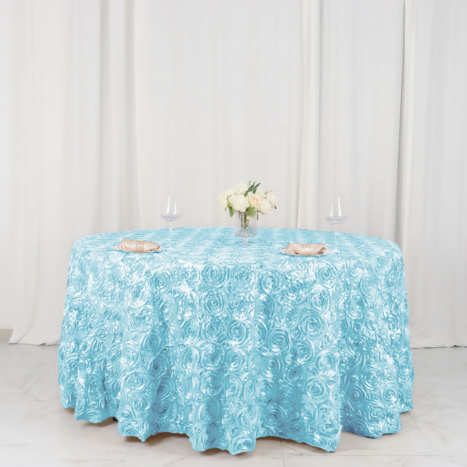 Light Blue 120-Inch Round Satin Tablecloth with Stunning 3D Rosette and Seamless Finish