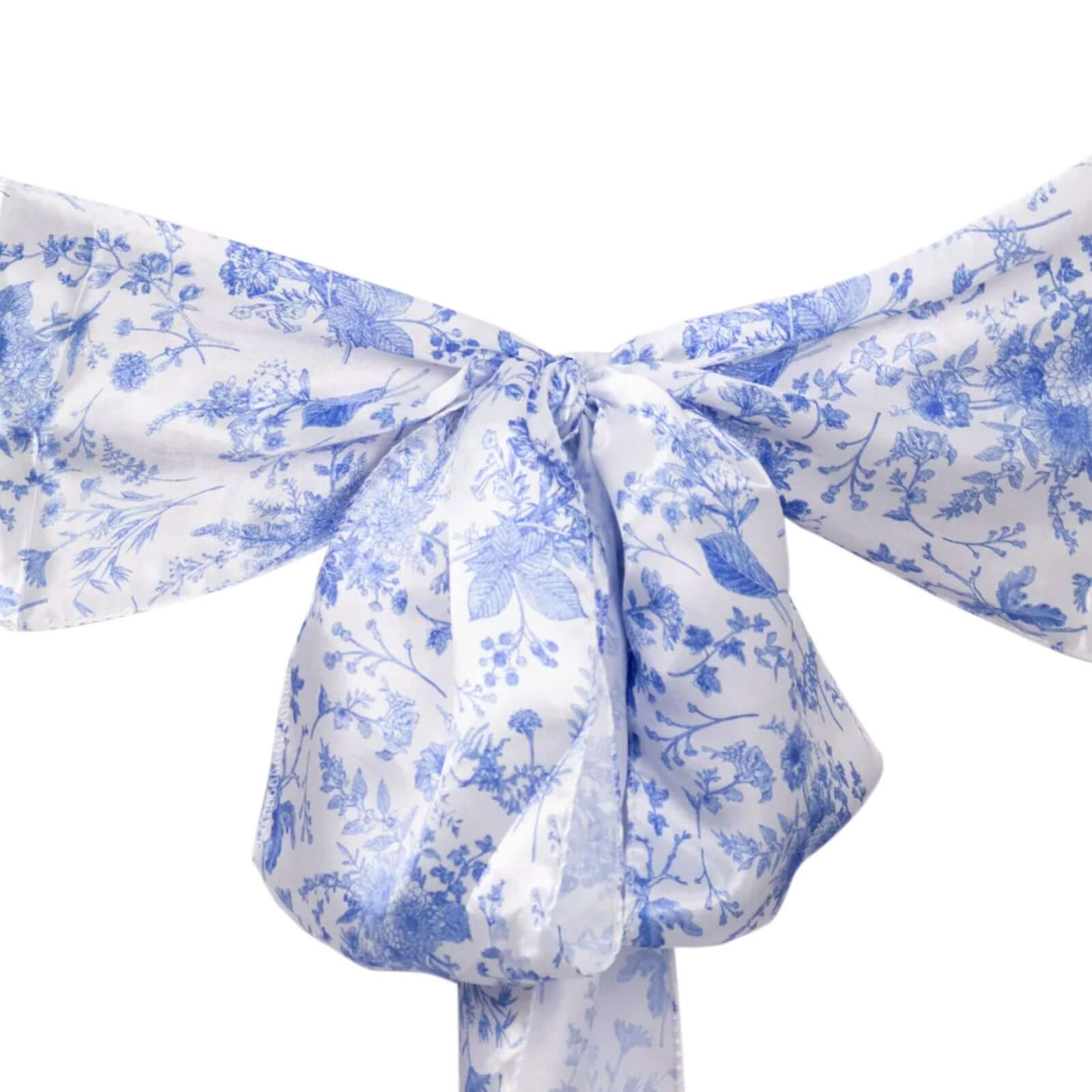 Special Offer! 5-Piece Set of Wrinkle-Resistant, Reusable Satin Chair Sashes in White/Blue French Toile Floral Design