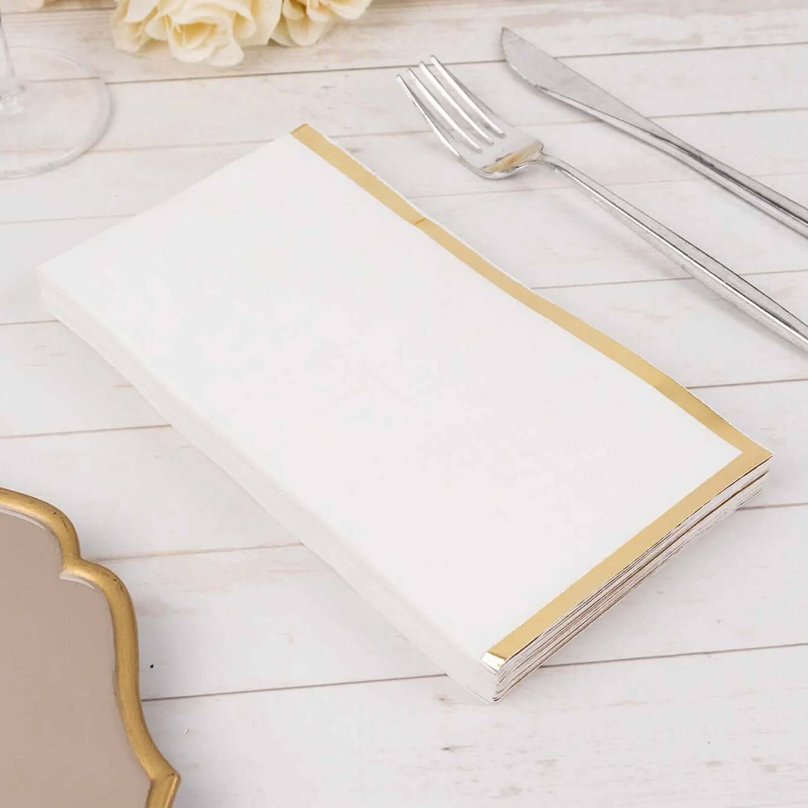 50-Pack Premium 2-Ply White Paper Dinner Napkins with Gold Foil Edge - Ideal Disposable Napkins for Parties