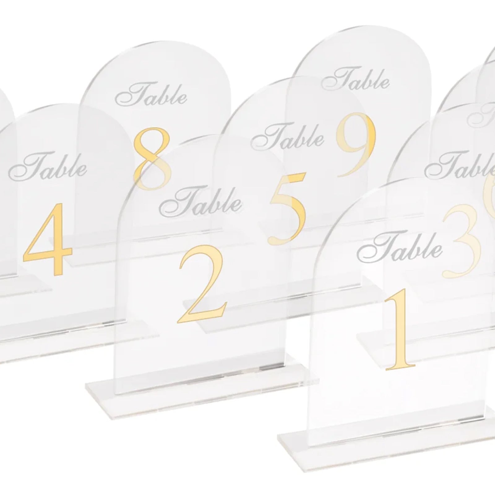 Hot Sale! Transparent Acrylic Wedding Reception Table Numbers 1 - 10 with Gold Print and Stands
