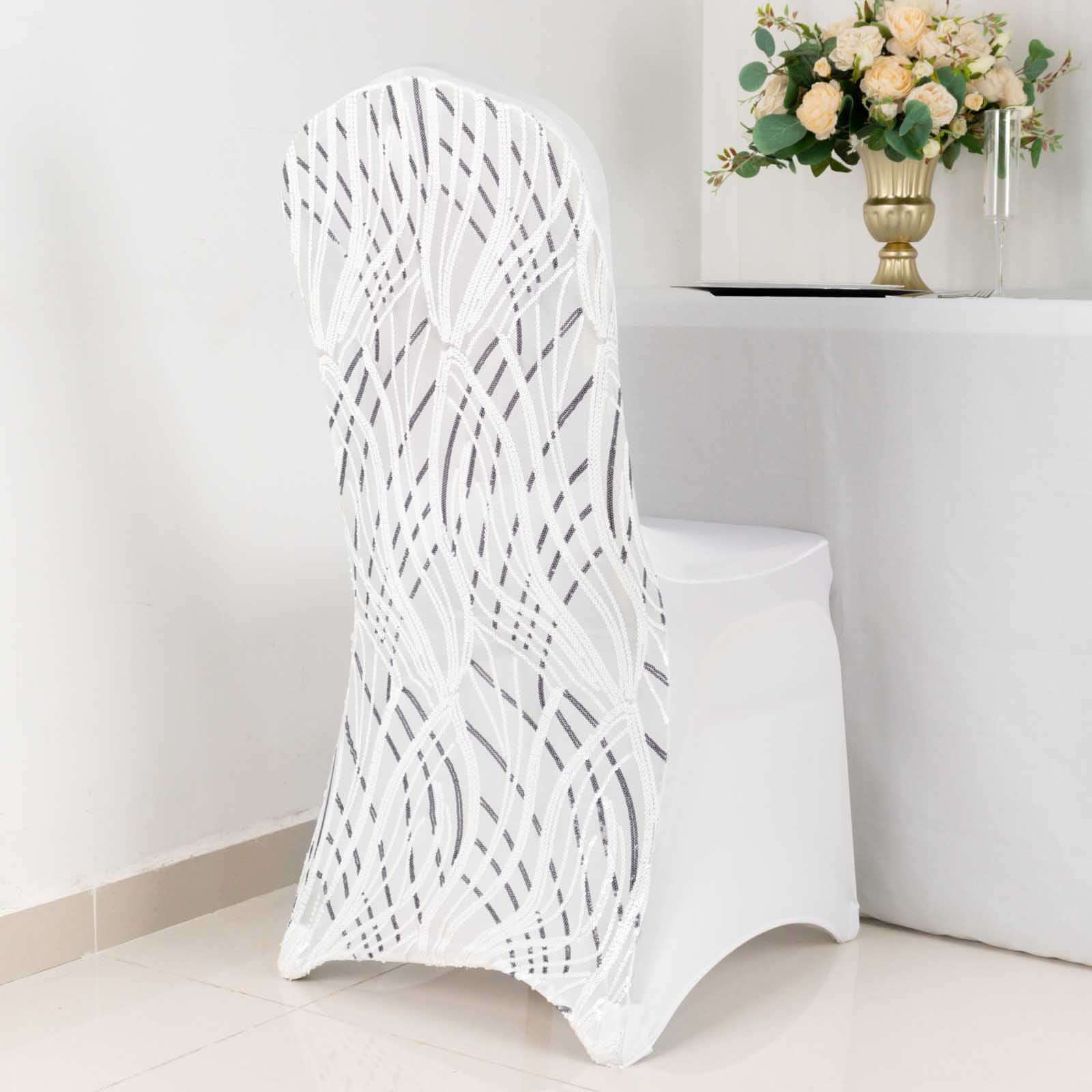 Luxe Glittering Stretch Fitted Slipcover - Spandex Banquet Chair Cover with Wave - Embroidered Sequins in White/Black