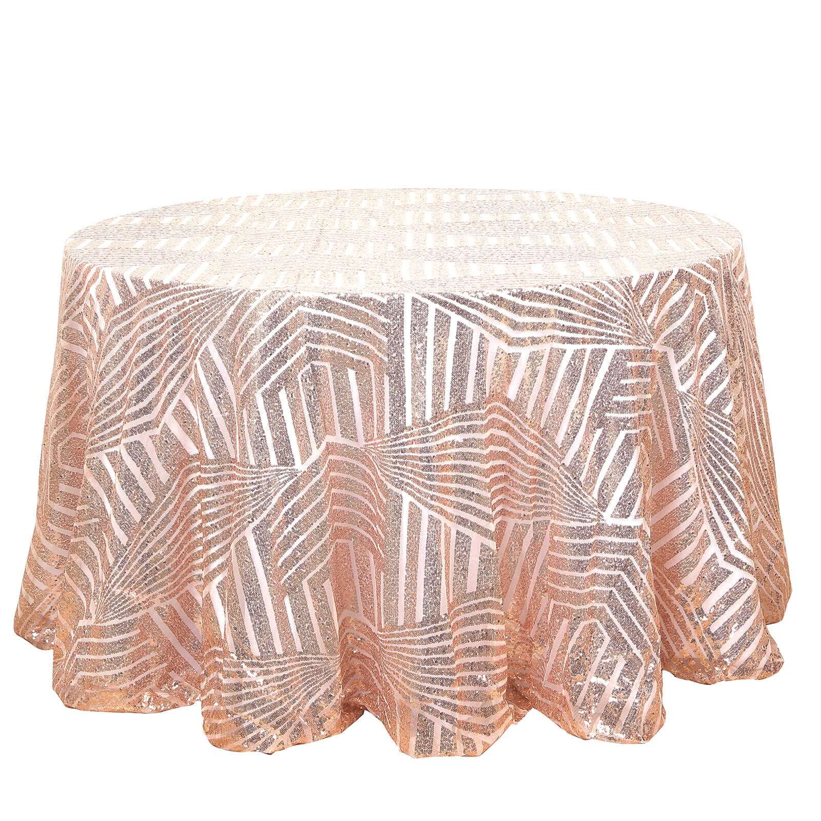 120-inch Rose Gold Seamless Sequin Round Tablecloth with Diamond Glitz