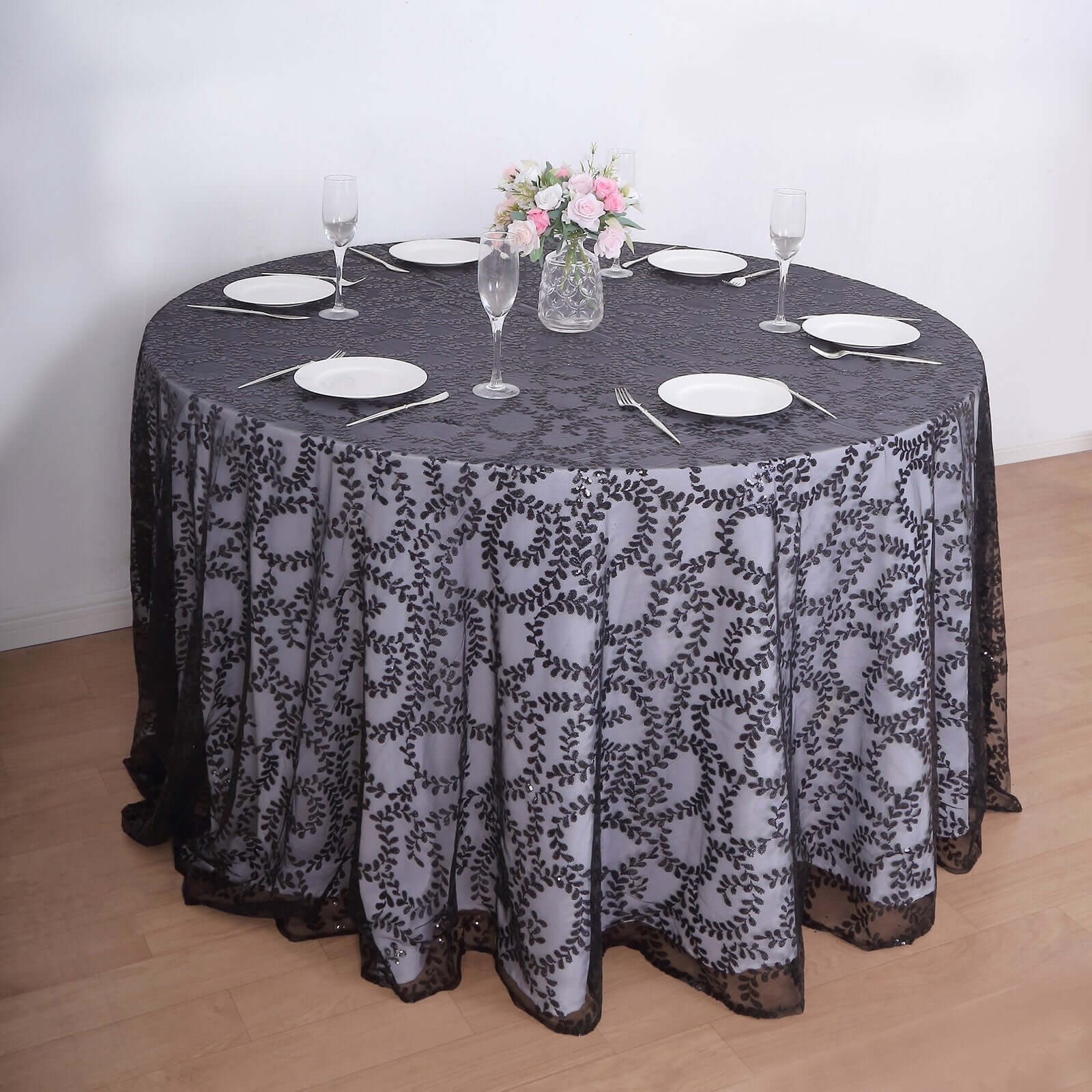 Sparkling Seamless Black Tulle Round Tablecloth with Leaf Embroidered for Special Events