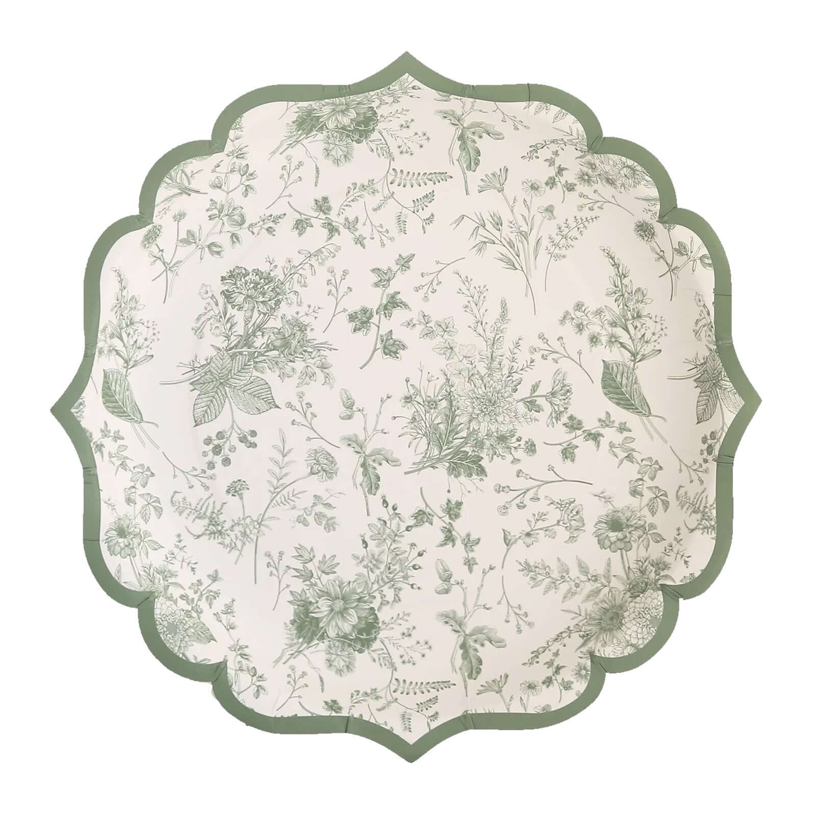 25-Pack Disposable 10-Inch White & Sage Green French Toile Party Dinner Plates - Ideal for Classy Events