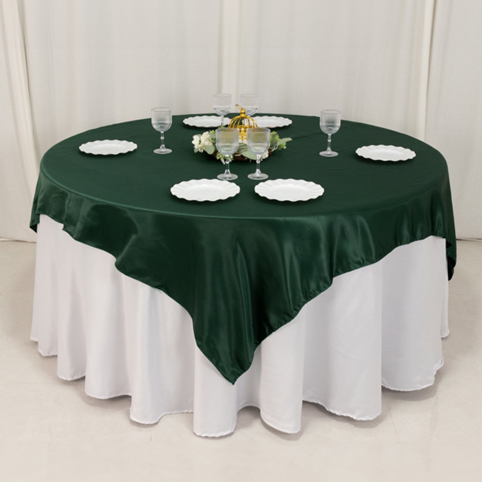 Hunter Emerald Green Lamour Satin Square Table Overlay - 72x72, Smooth Finish Topper for Events