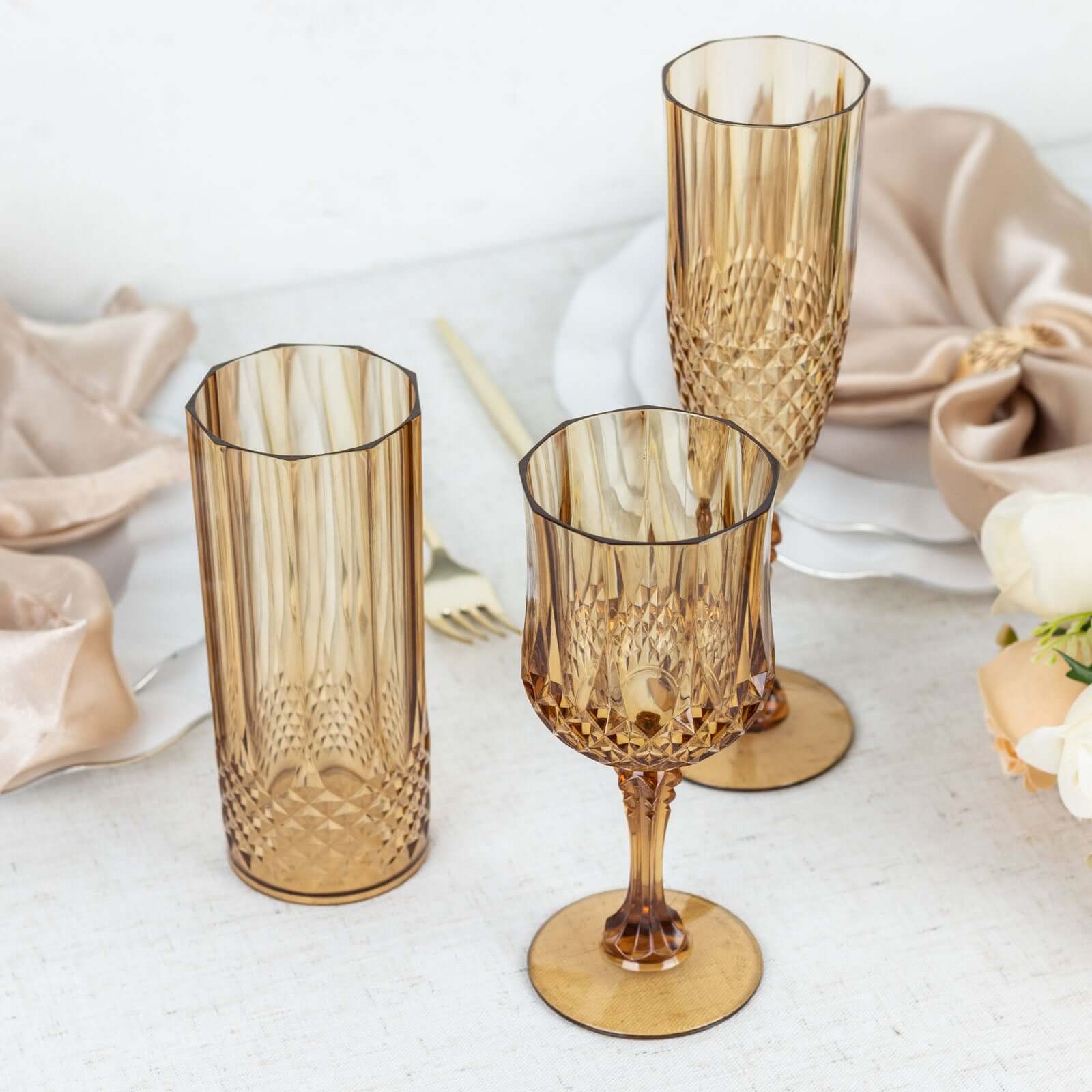 8oz Shatterproof 6-Pack Amber Gold Plastic Cocktail Goblets with Crystal Cut Design