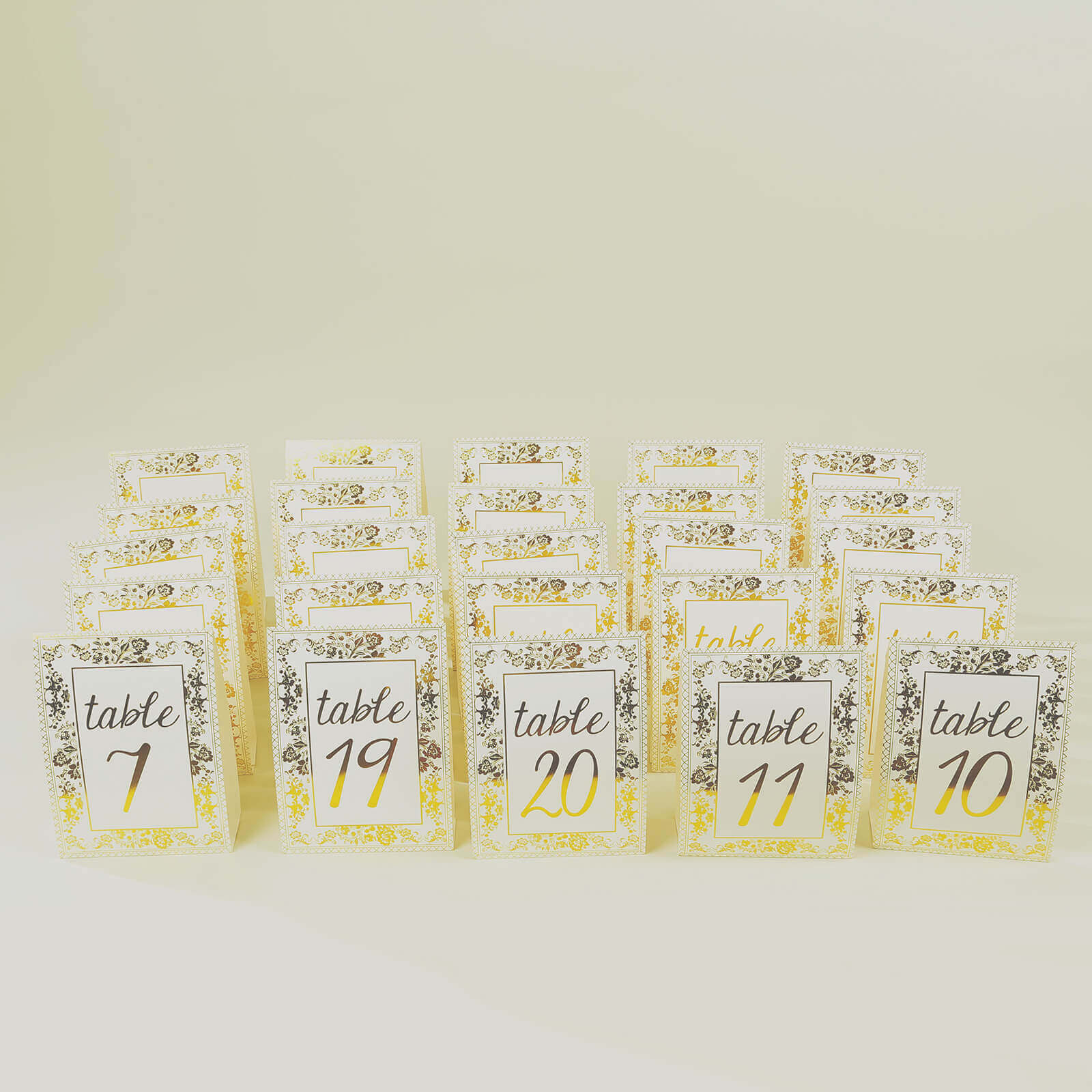 25-Piece Set of Double-Sided Free-Standing Wedding Table Numbers 1-25 in White & Metallic Gold French Toile Style
