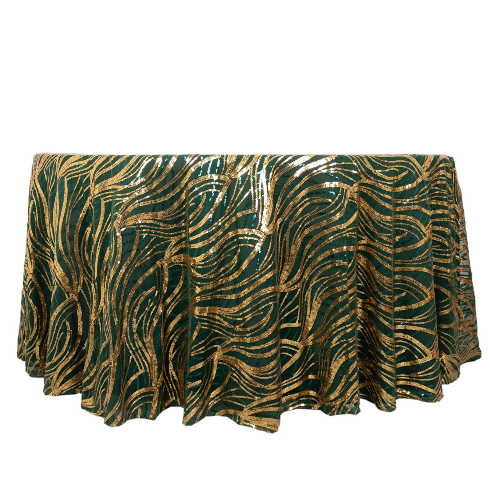 120-Inch Round Seamless Sparkly Wave Sequin Mesh Tablecloth in Hunter Emerald Green & Gold