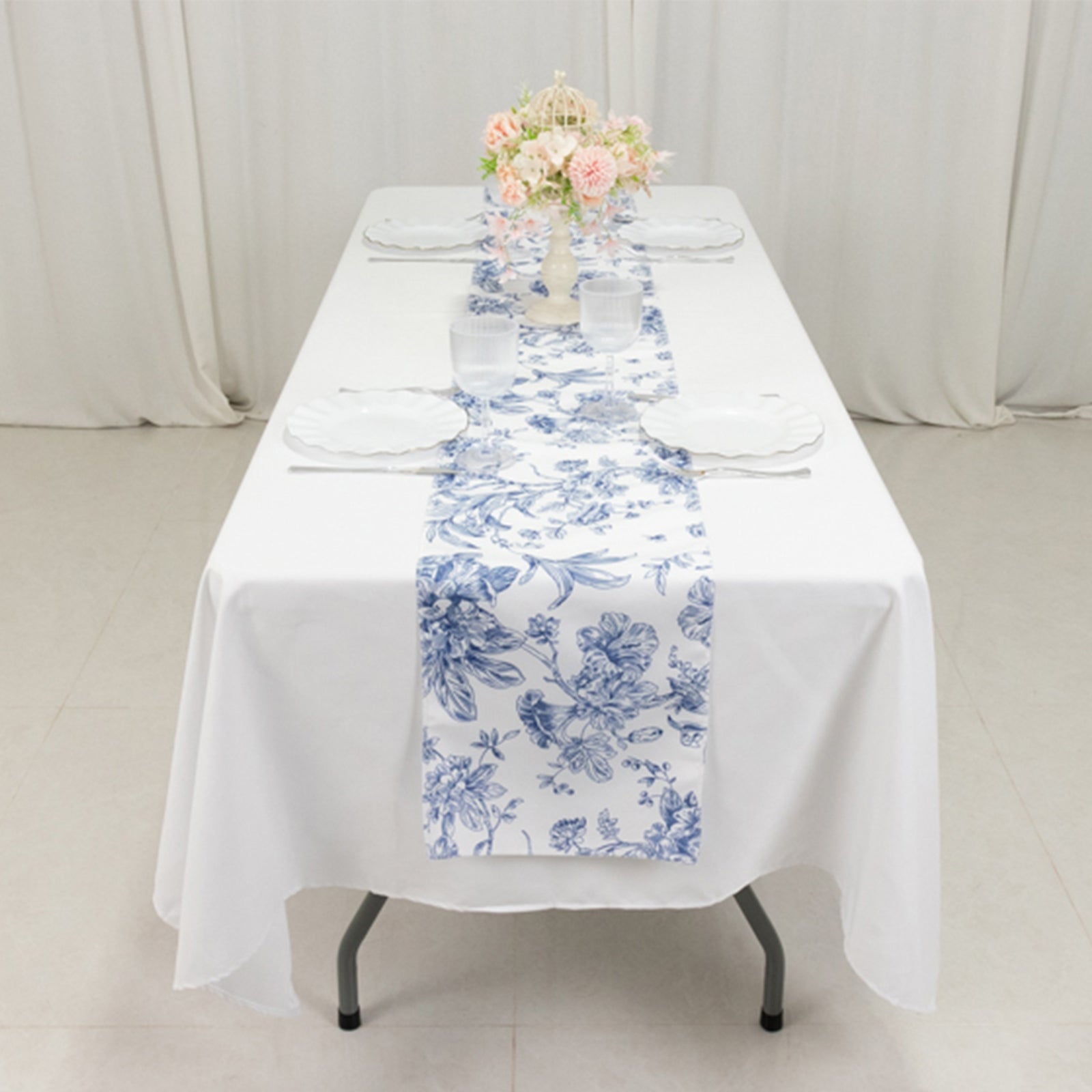 Stylish Reusable White & Blue French Toile Floral Print Polyester Table Runner 12x108 - Perfect for Decor