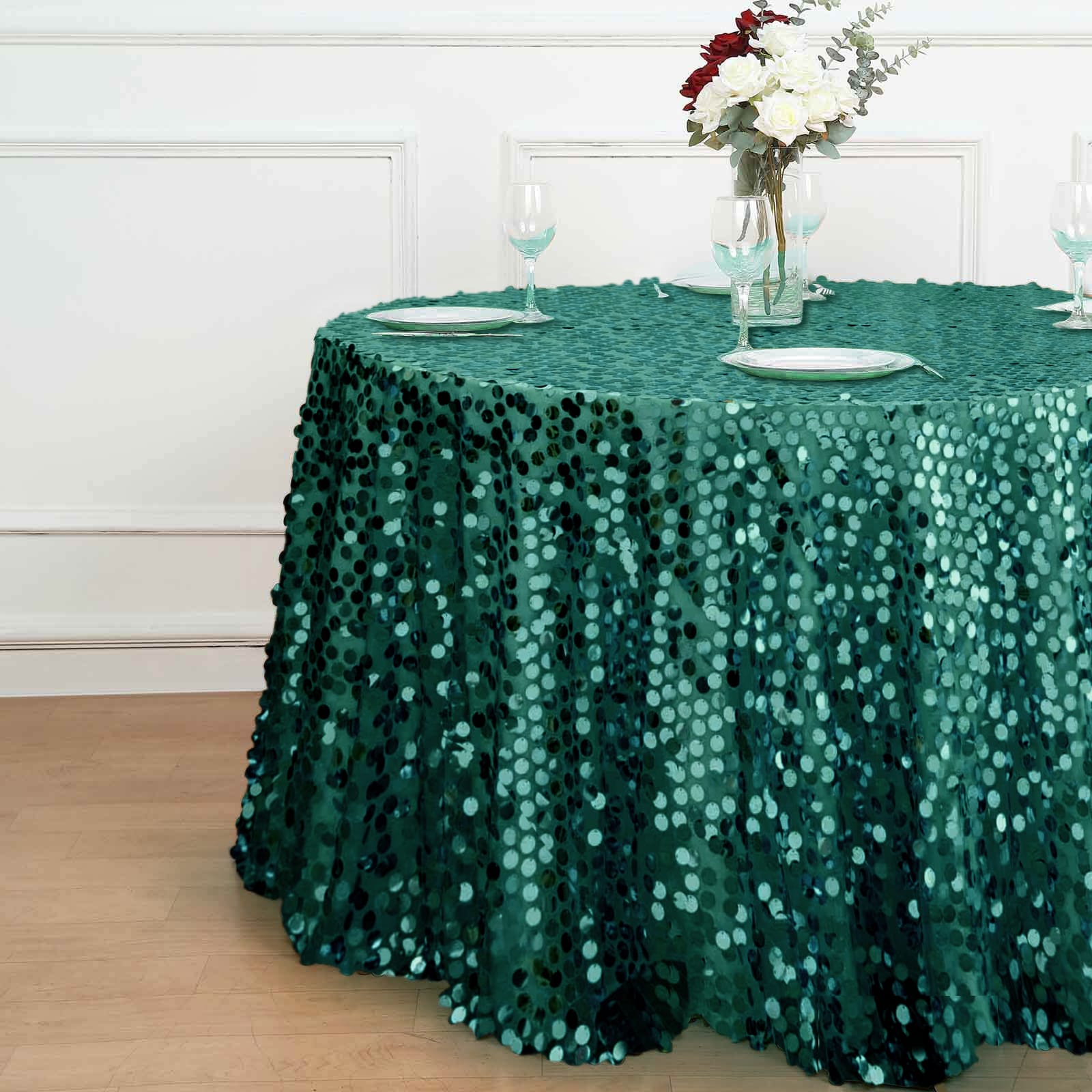Seamless 120 - inch Round Hunter Emerald Green Sequin Tablecloth