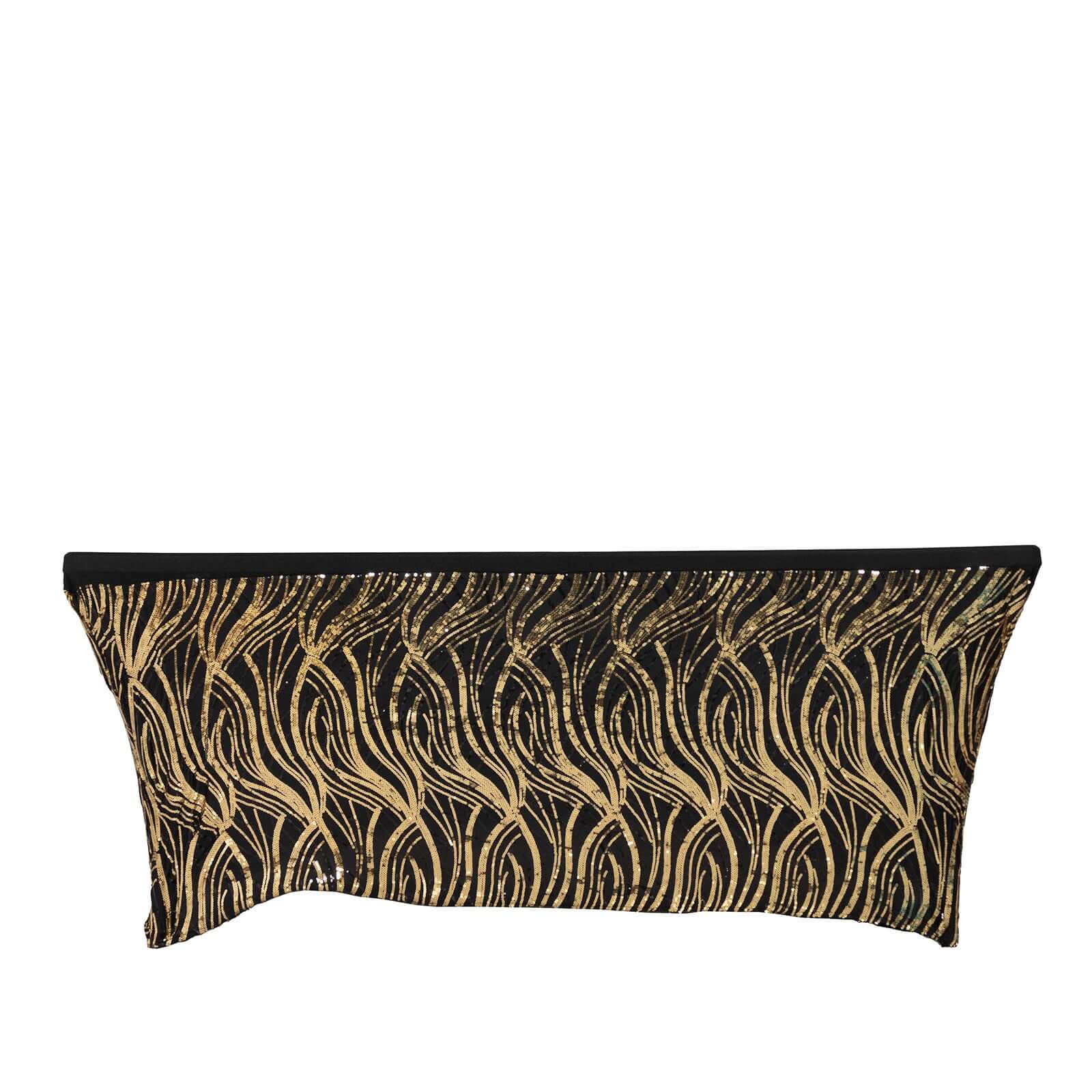 Black/Gold Wave Embroidered Four-Way Stretch Sequin Spandex Tablecloth for Luxe Events