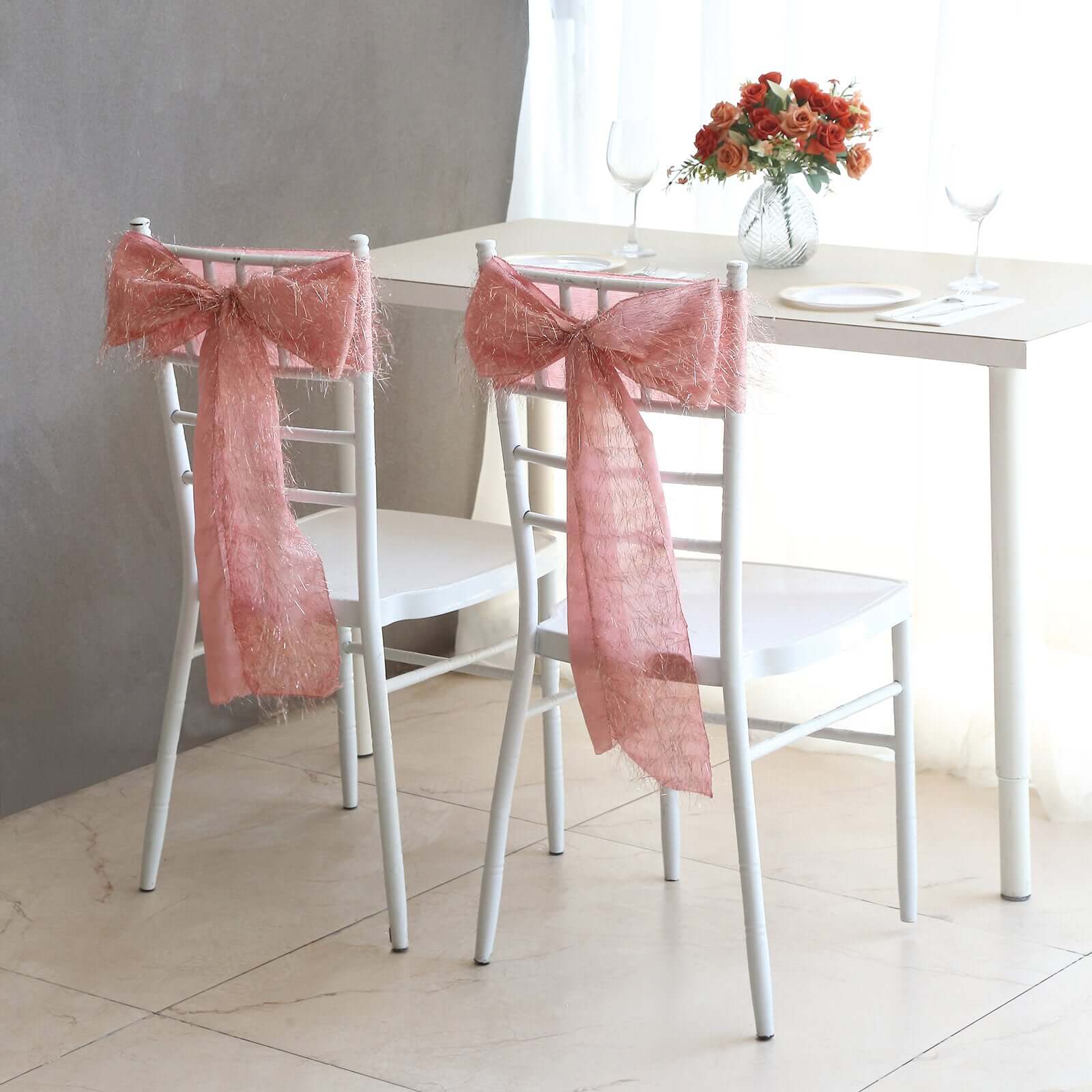 5-Pack Rose Gold Polyester Chair Sashes with Metallic Tinsel Fringe - Easy-to-Use Bows