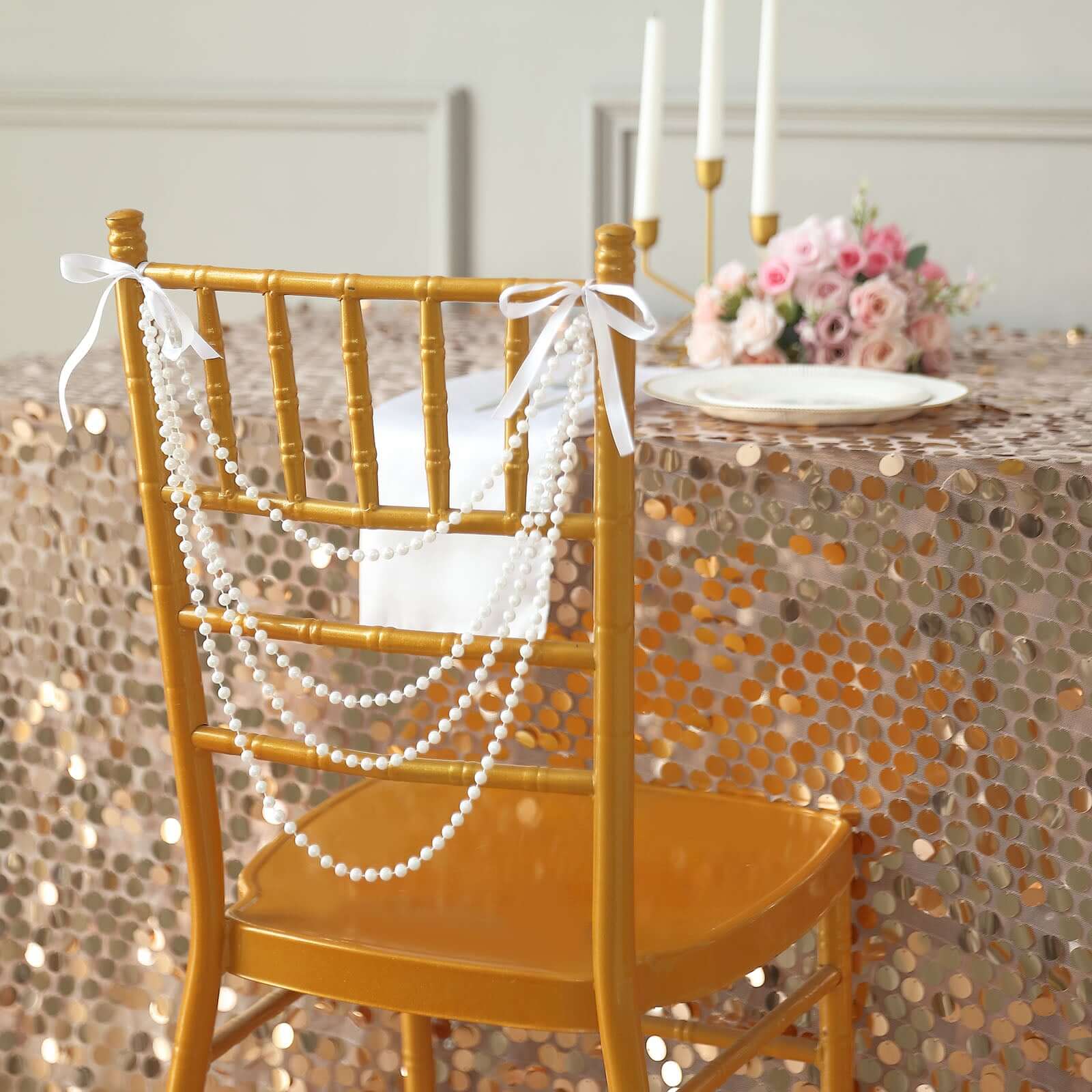 Hot Sale! White Faux Pearl Beaded 16-Foot Chair Back Garland Sash for Chiavari Chairs, Gatsby-Style Wedding Decor