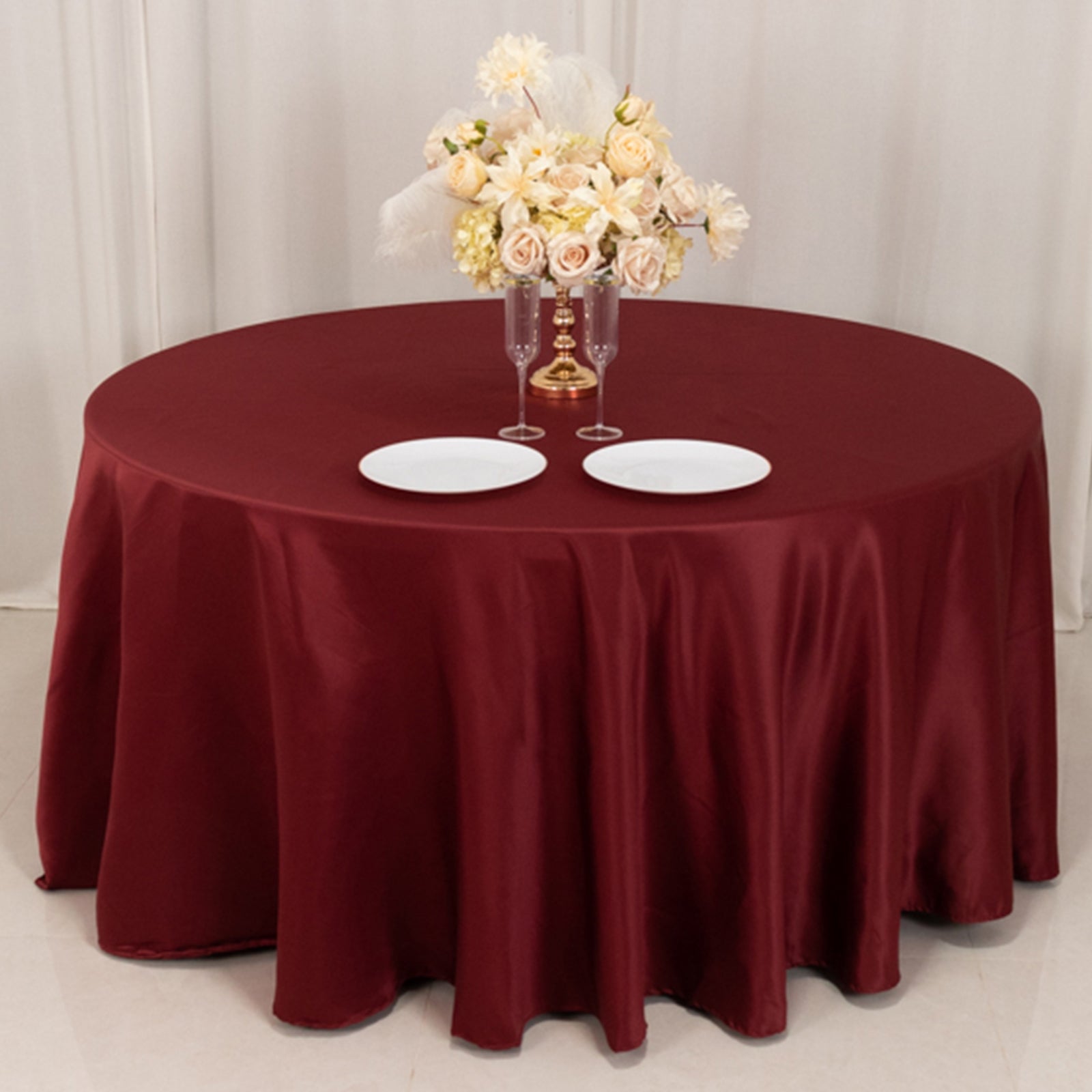 Premium Lamour Satin 120-Inch Round Burgundy Tablecloth - Seamless with Soft Sheen