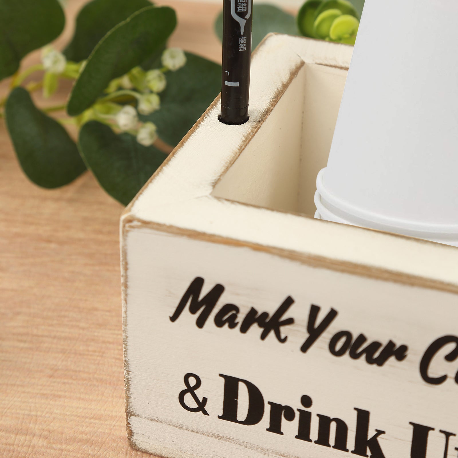 Whitewashed Rustic Wooden Solo Cup Holder with Black Marker for Farmhouse Parties, 5.5 inches