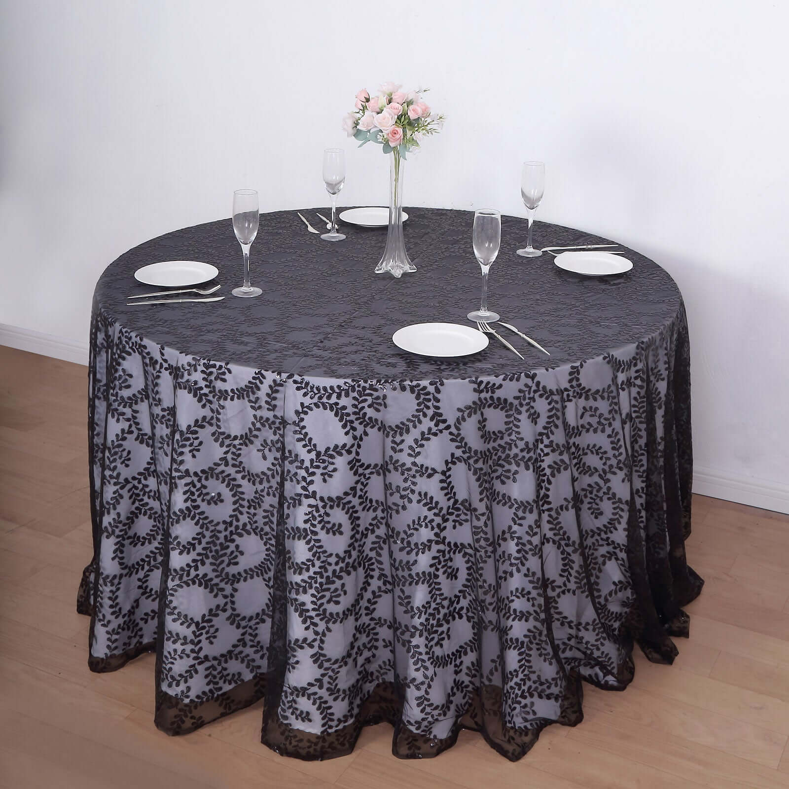 Sparkling Seamless Black Tulle Round Tablecloth with Leaf Embroidered for Special Events