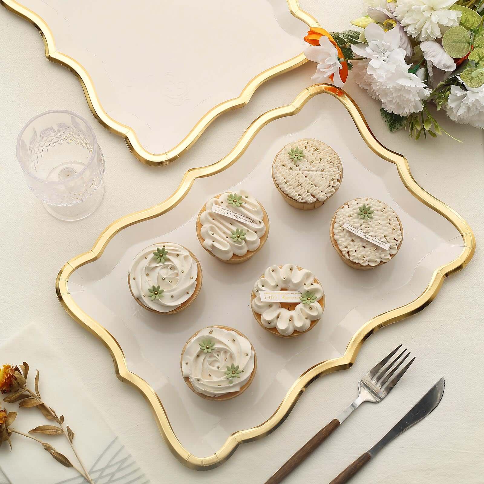 10-Pack Heavy Duty 400GSM White Cardboard Serving Trays with Gold Rim for Weddings & Parties