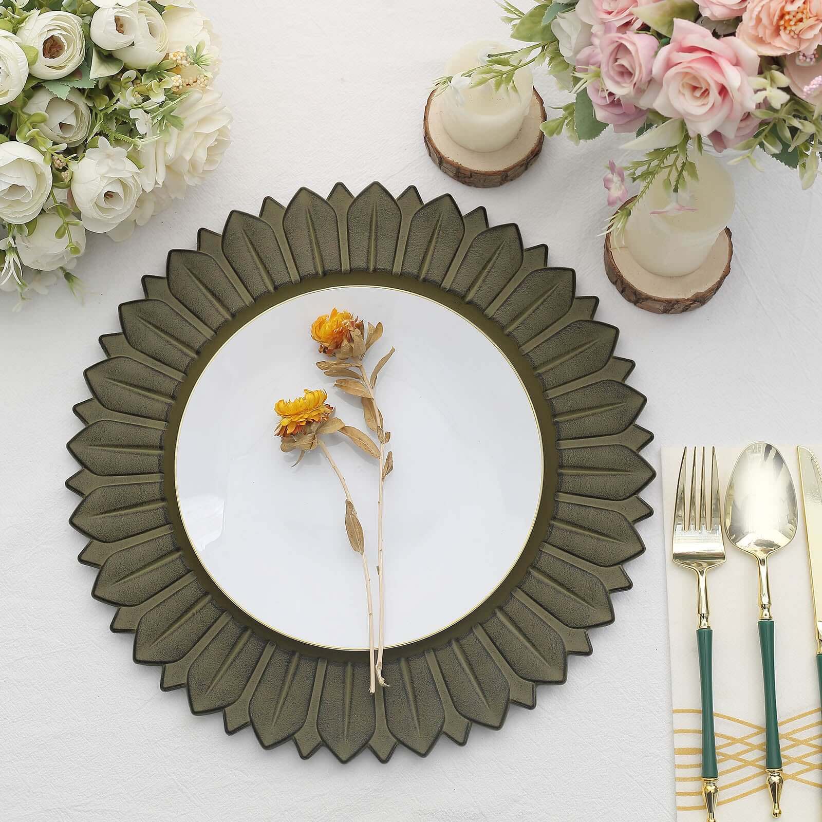 6-Piece Set of 13-Inch Matte Olive Green Plastic Round Charger Plates with Sunflower Rim
