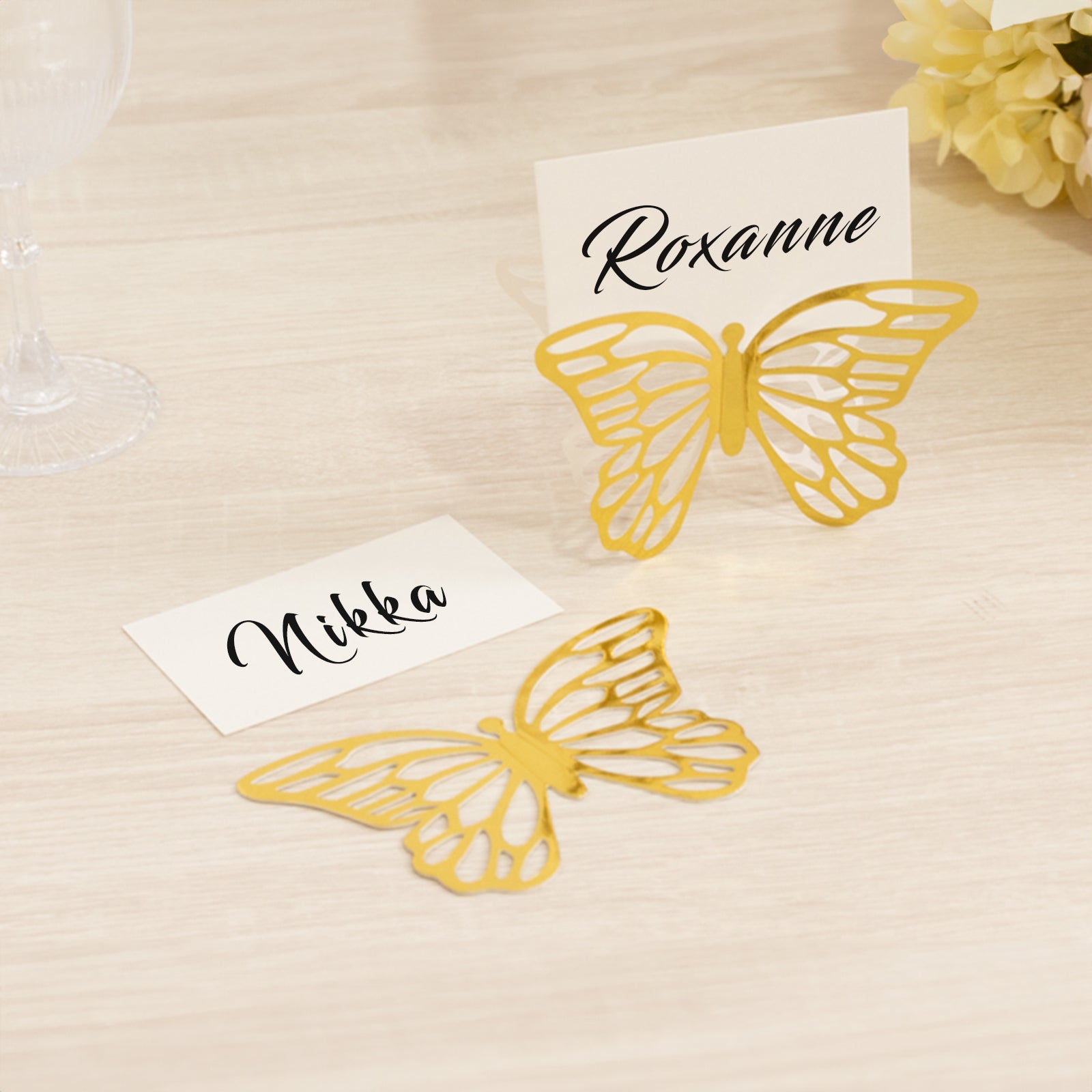 25-Piece Gold Paper Butterfly Place Card Holders with Printable White Cards - 3D Free-Standing 3x5 Table Number Stands