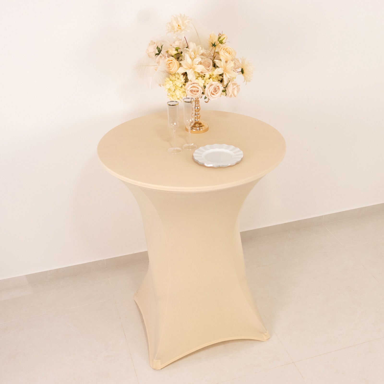 Beige Spandex Stretch Fitted Cocktail Table Cover (33 - 36 Round) - Easy Maintenance