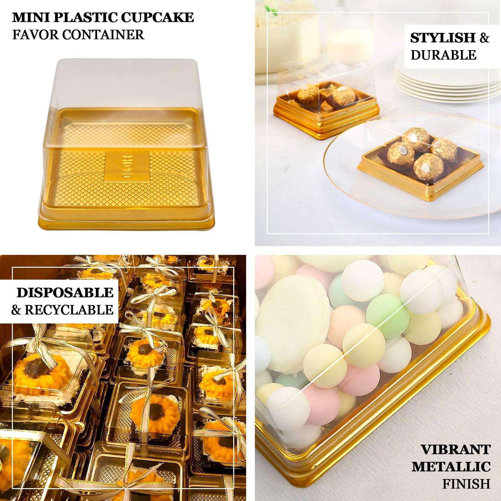 50-Pack Clear & Gold Square Mini Plastic Party Favor Boxes for Cupcakes & Desserts