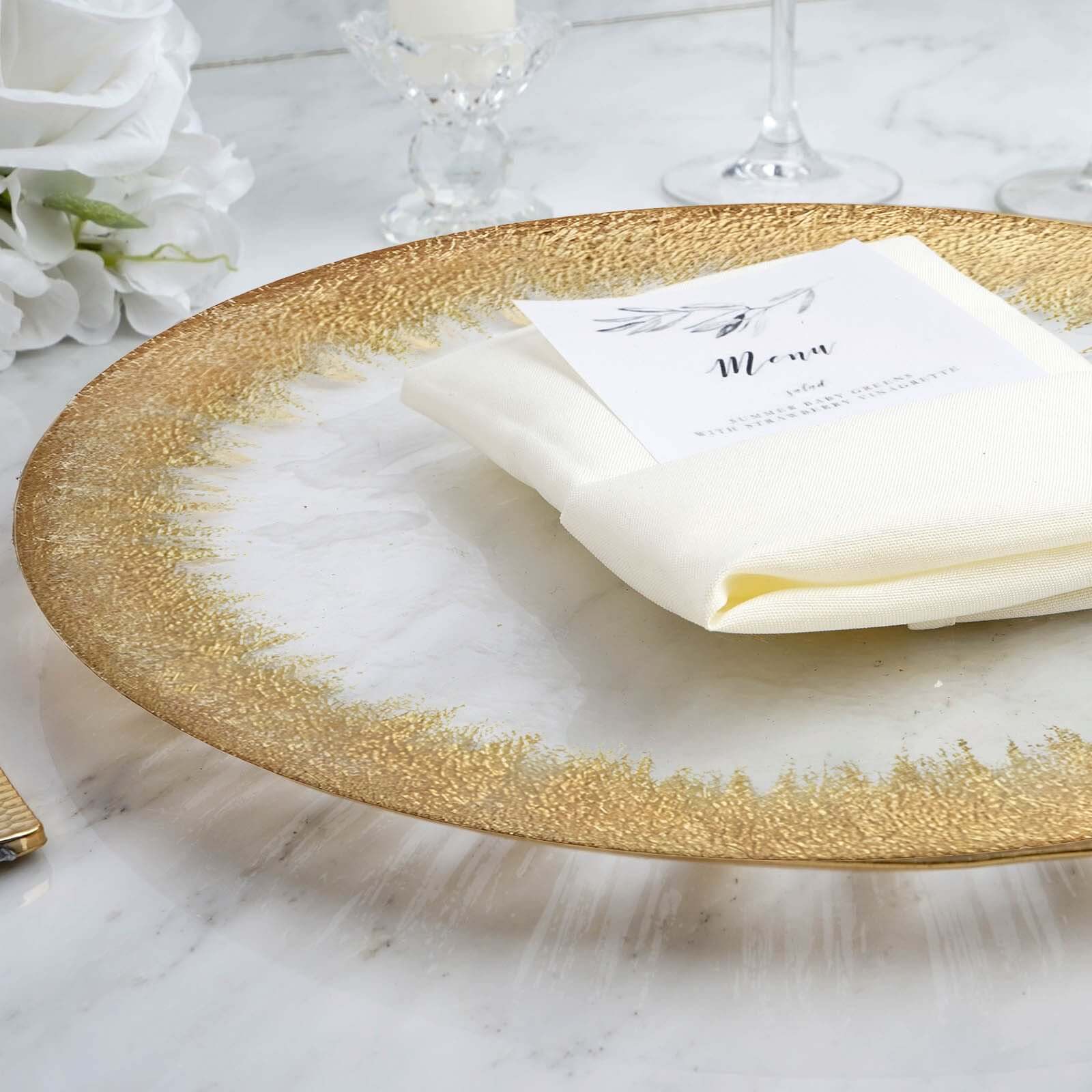 Hot Sale! 8-Piece Set of 13-Inch Clear Glass Round Dinner Charger Plates with Metallic Gold Spray Rim