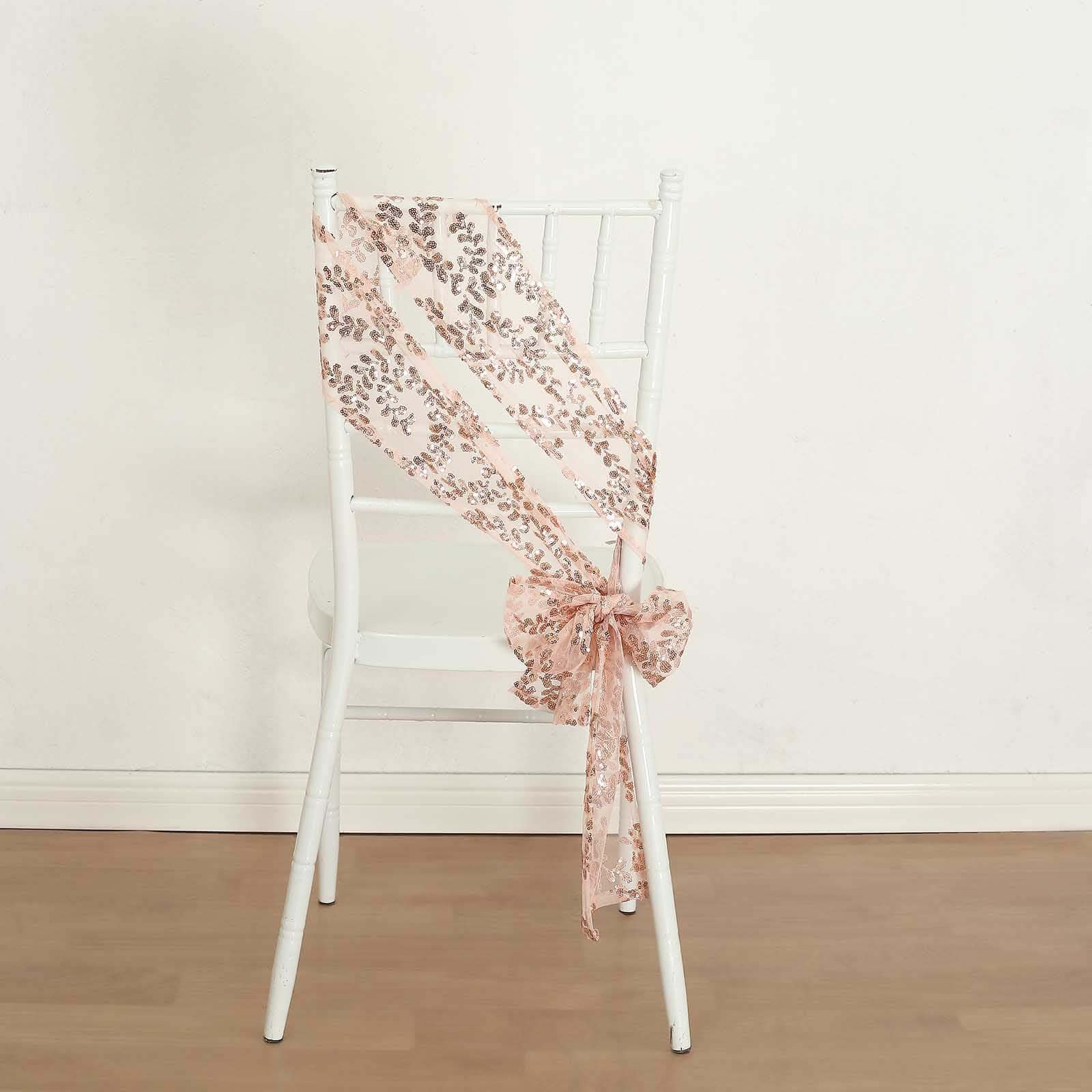 Hot Deal! 5-Piece Rose Gold Tulle Chair Sashes with Leaf Vine Sequin Embroideries, 6x88 Inches