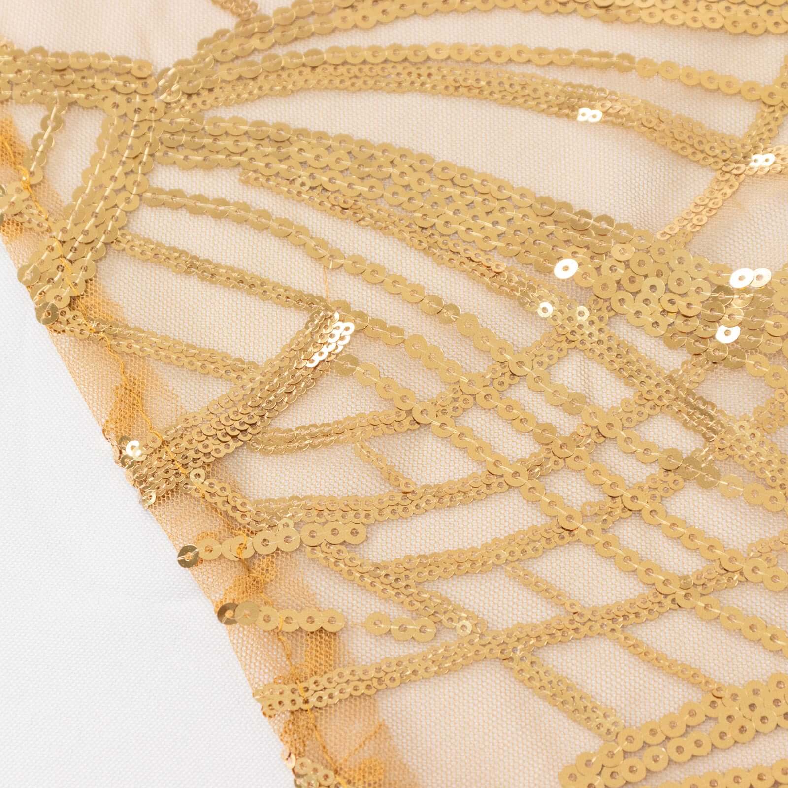 120' Gold Sequin Mesh Round Tablecloth with Seamless Wave Embroidered Design for Events