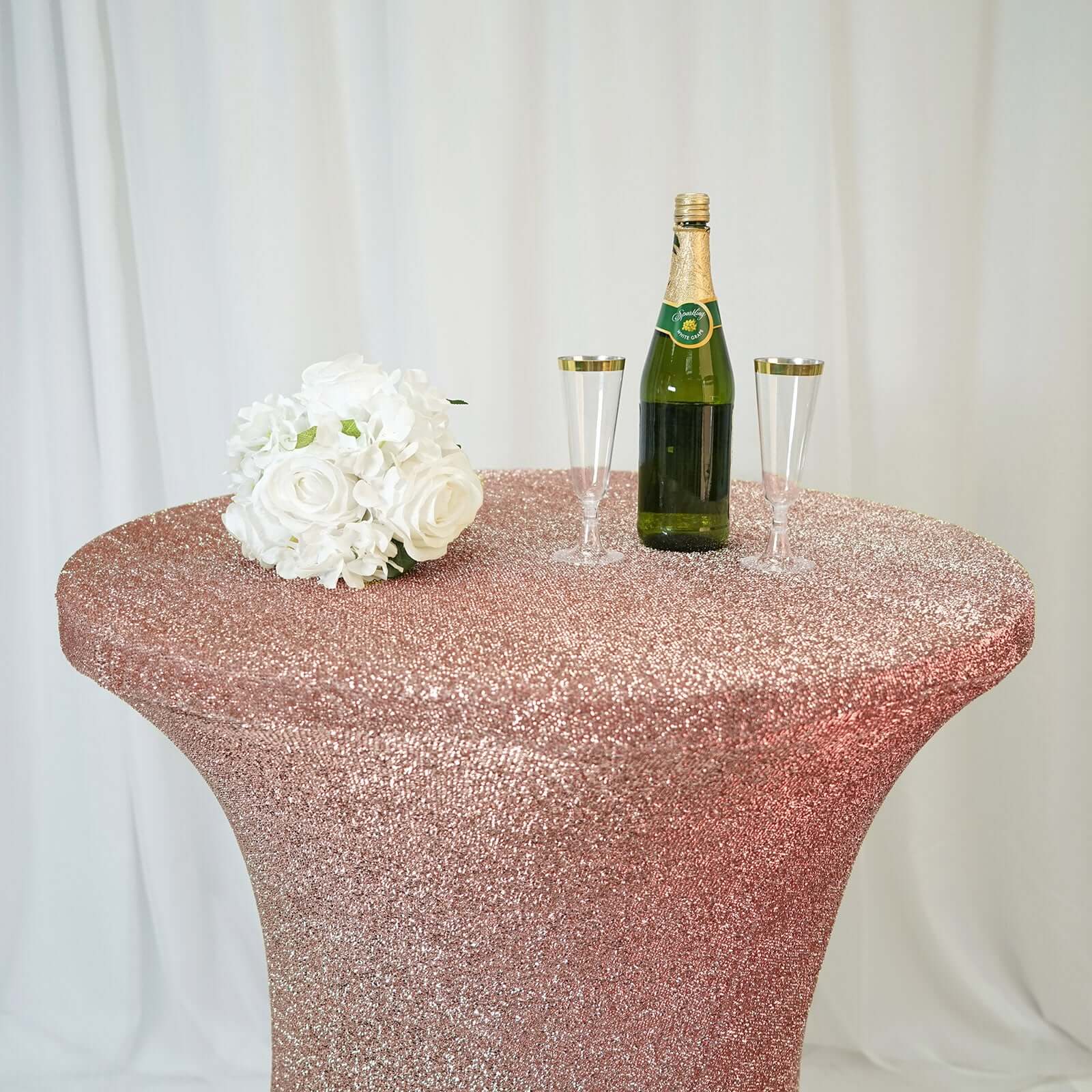Rose Gold Metallic Spandex Glitter Cocktail Table Cover - Stretch Fit for High Tops