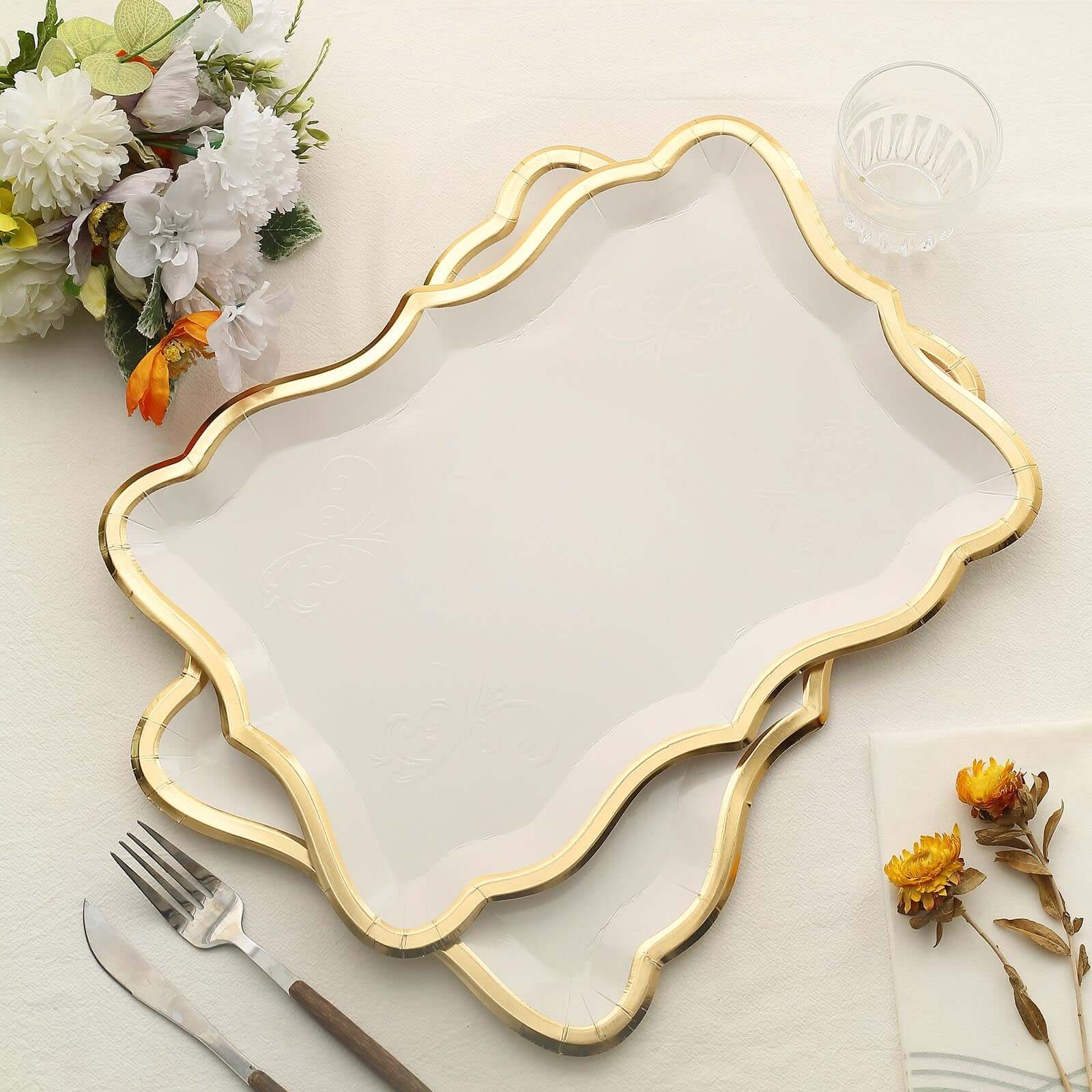 10-Pack Heavy Duty 400GSM White Cardboard Serving Trays with Gold Rim for Weddings & Parties